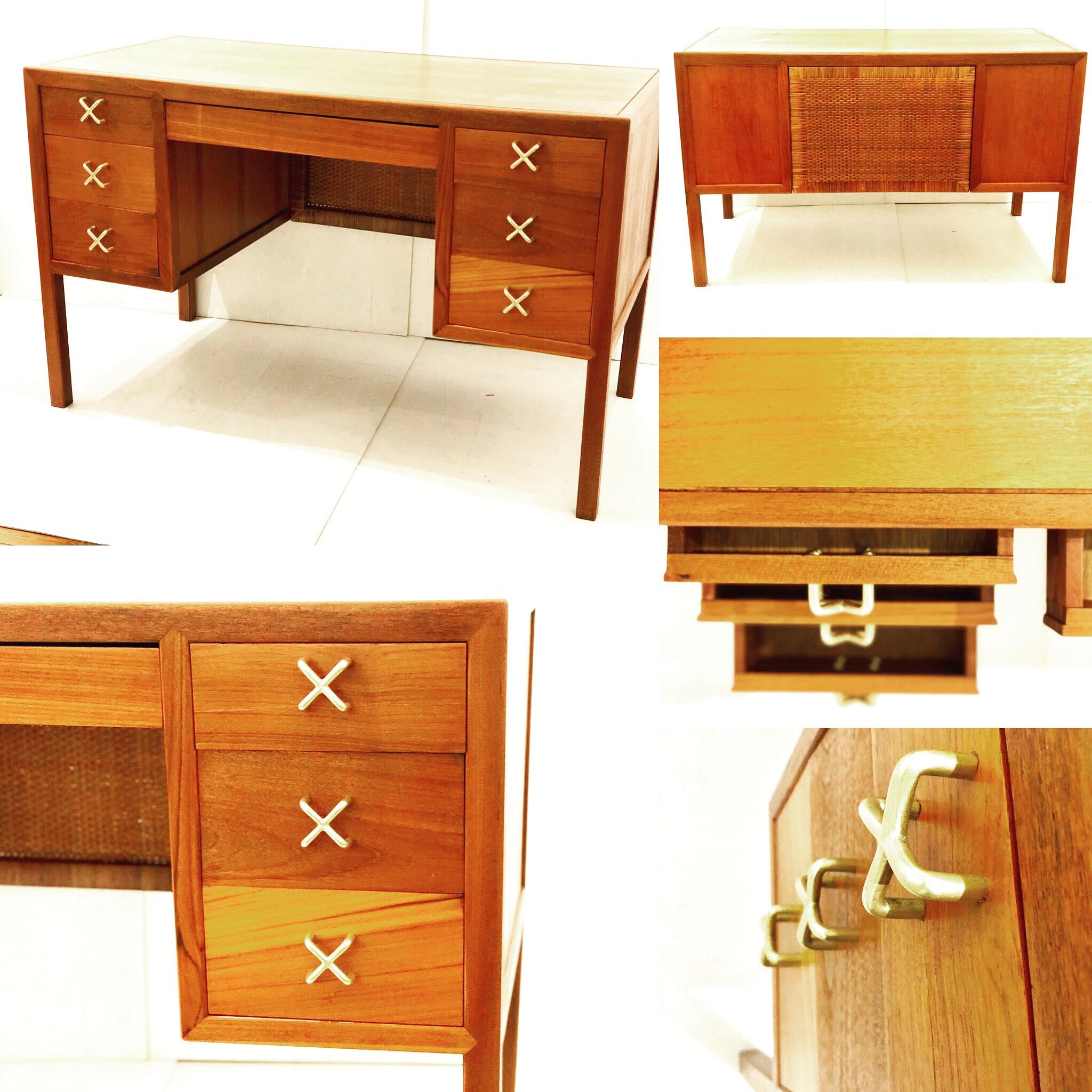 Rare Danish Modern Solid Teak Desk with X Brass Handles and Cane Back 4