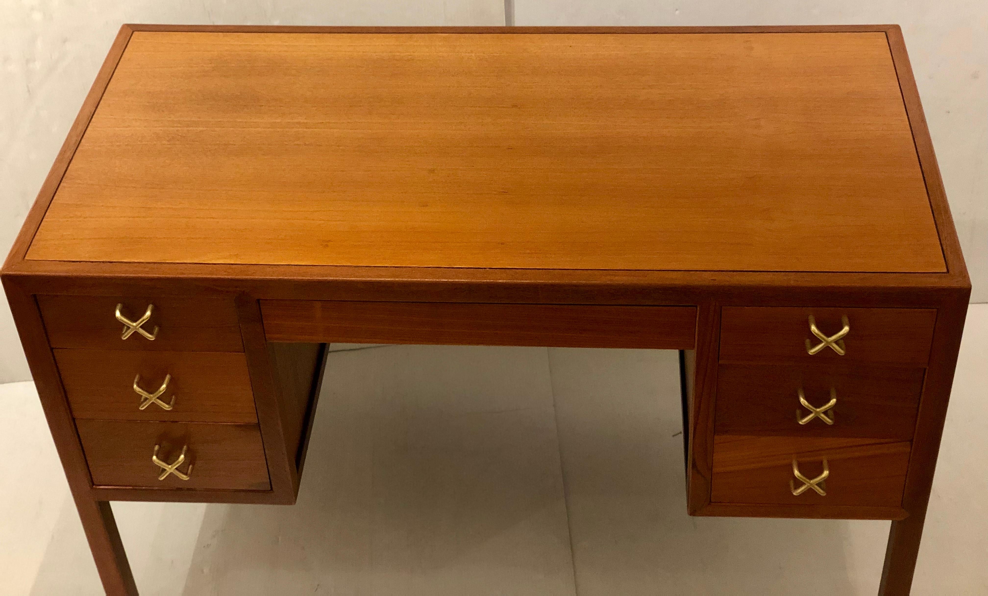 Scandinavian Modern Rare Danish Modern Solid Teak Desk with X Brass Handles and Cane Back