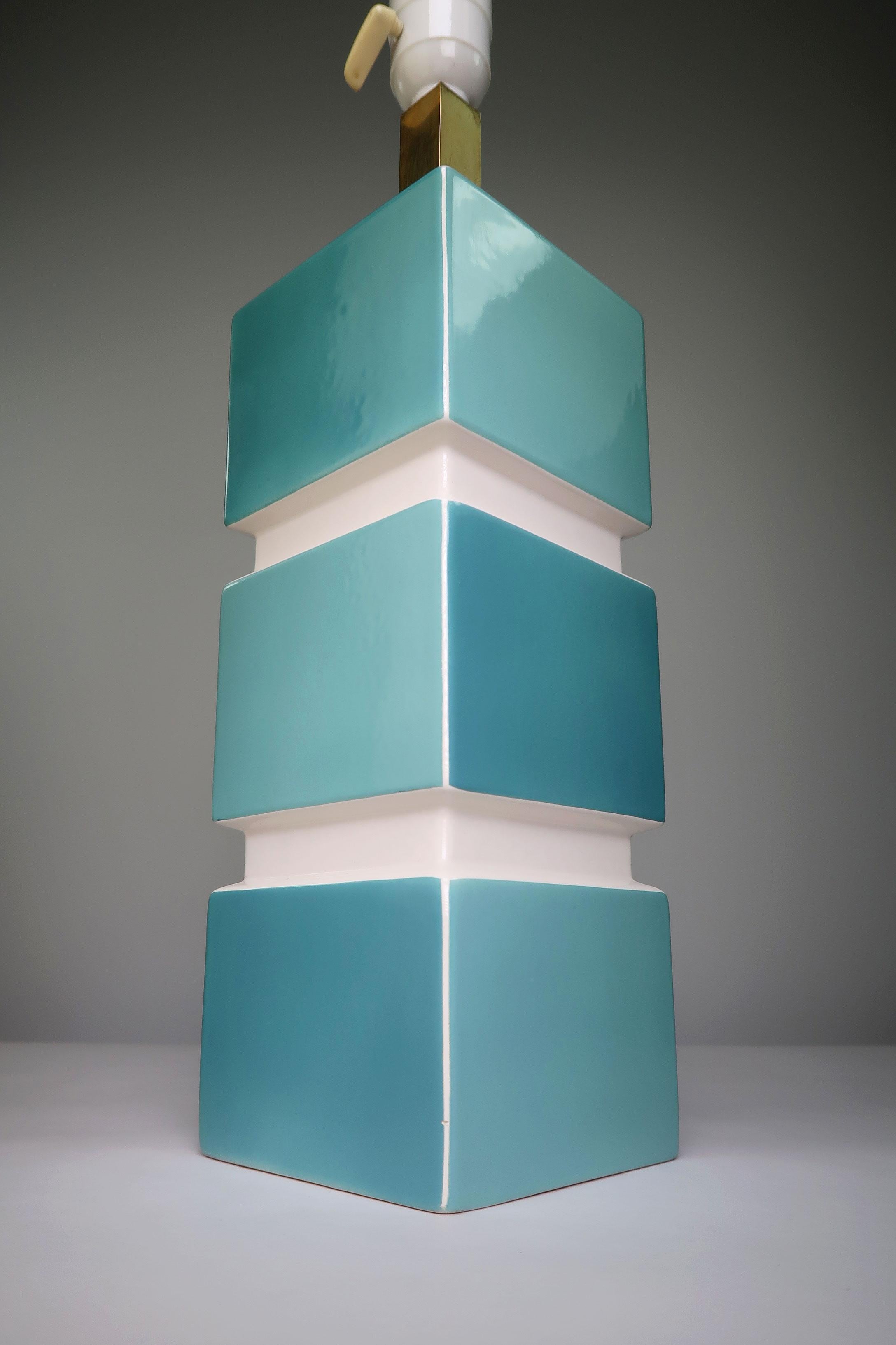 Søholm 1950s Turquoise Aqua White Porcelain, Brass Table Lamp For Sale 5