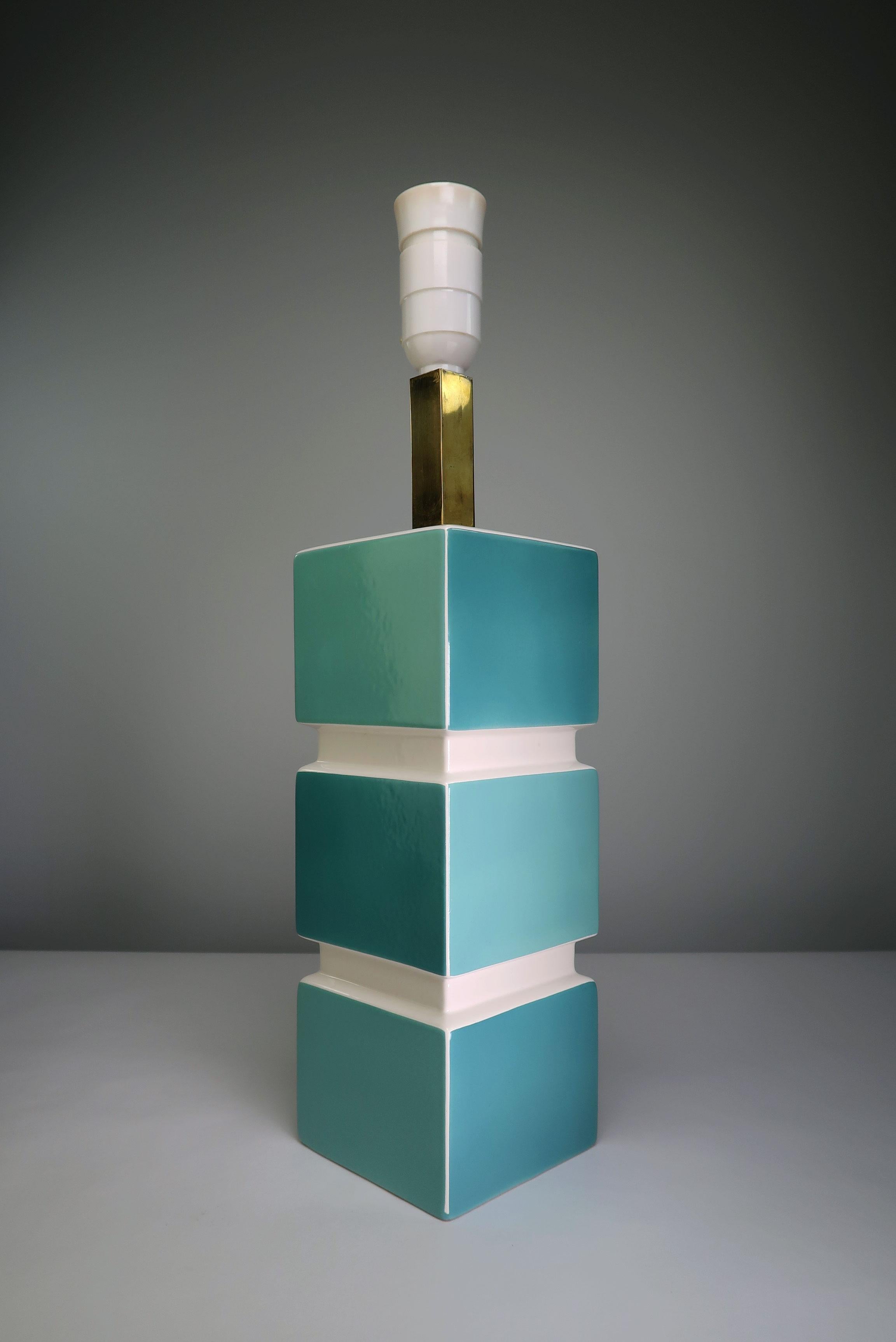 Hand-Painted 1950s Danish Modern Turquoise Aqua White Porcelain Table Lamp, Søholm For Sale