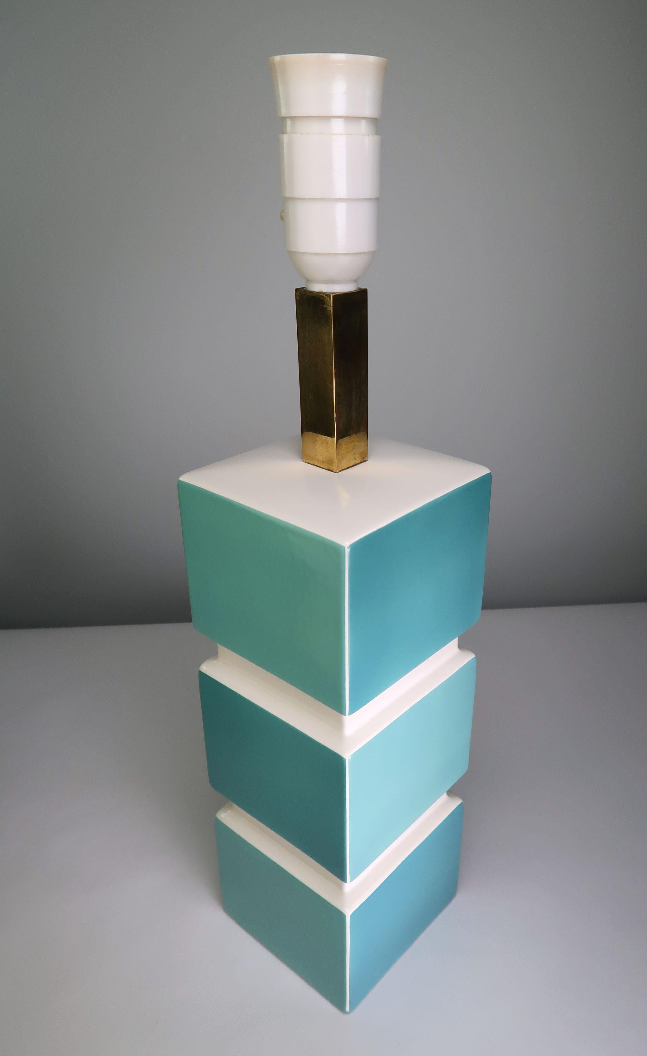 20th Century Søholm 1950s Turquoise Aqua White Porcelain, Brass Table Lamp For Sale