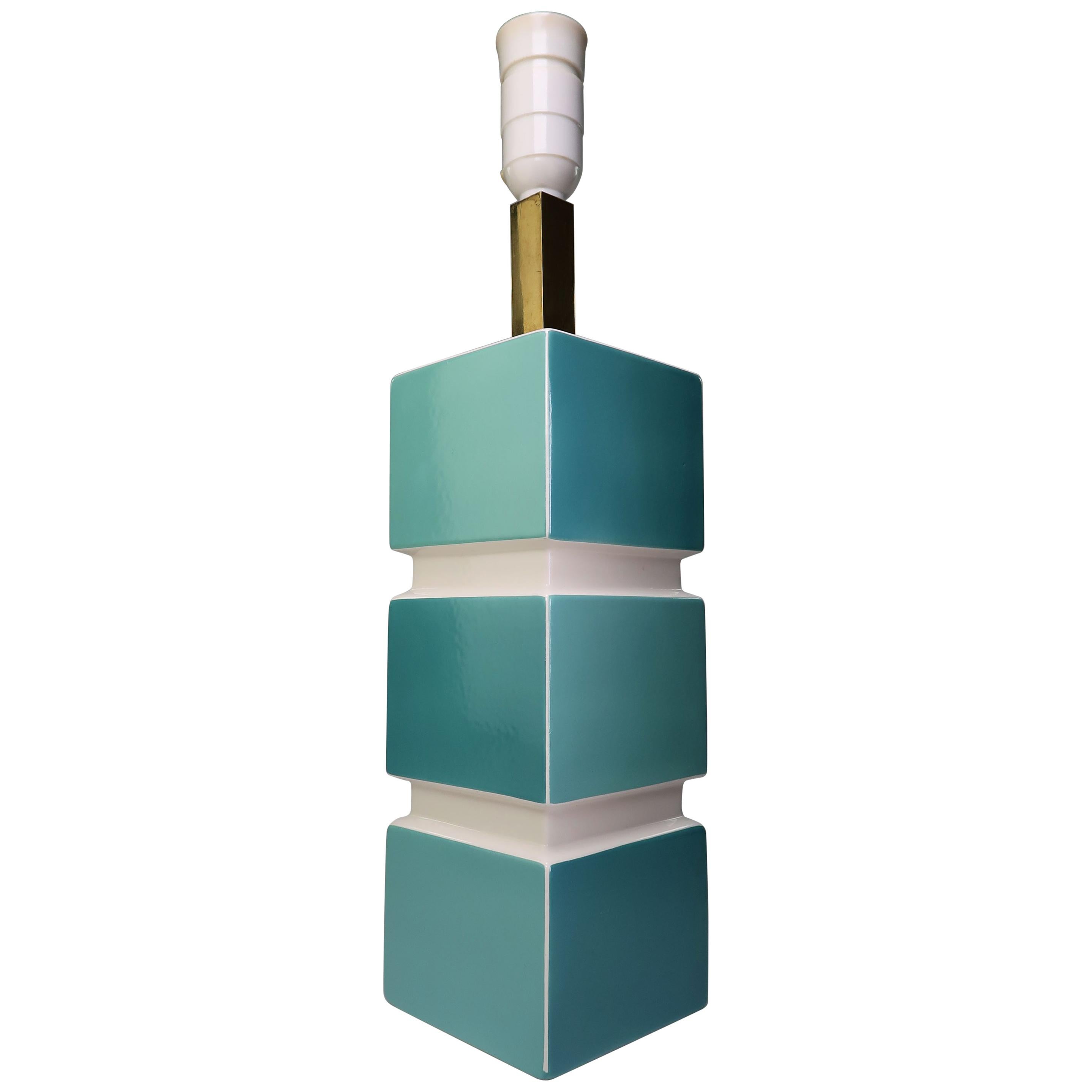 1950s Danish Modern Turquoise Aqua White Porcelain Table Lamp, Søholm For Sale