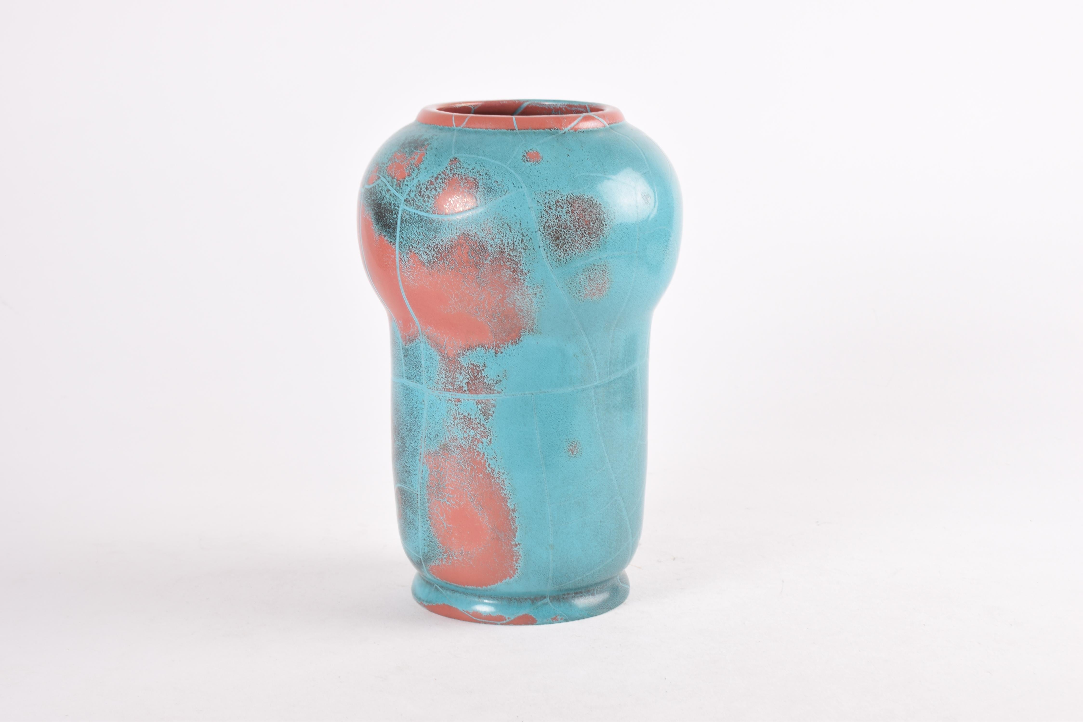 Scandinave moderne Rare grand vase danois P. Ipsens Enke glaçure rouge turquoise 