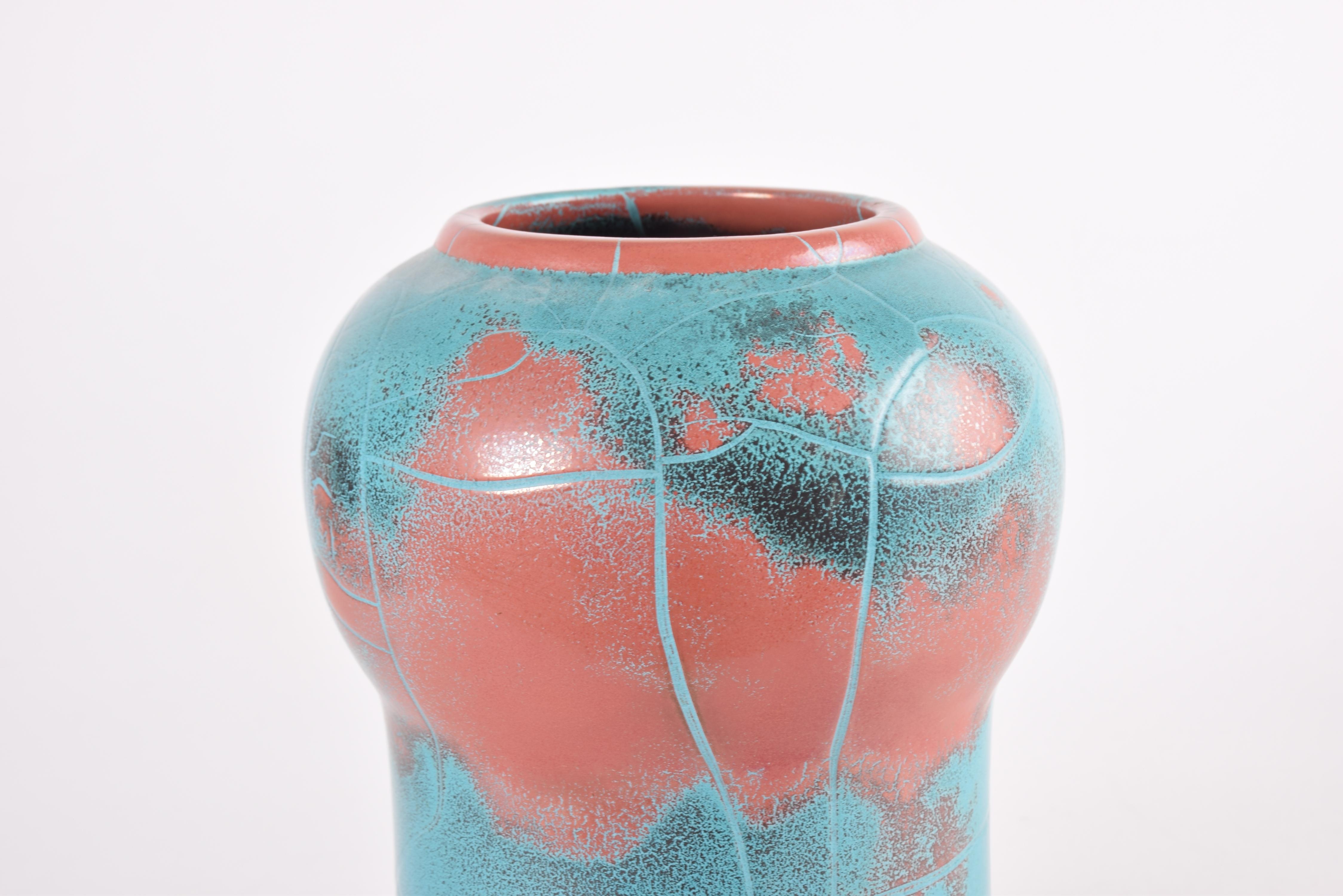 Rare grand vase danois P. Ipsens Enke glaçure rouge turquoise 
