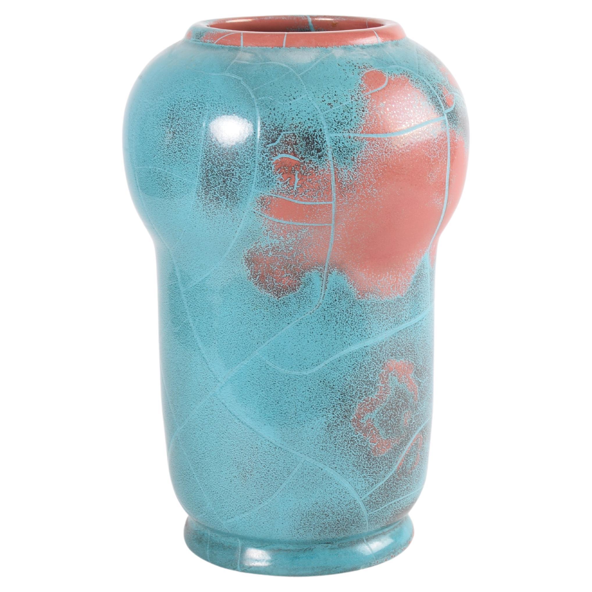 Rare Danish P. Ipsens Enke Tall Vase Turquoise Red "Danit" Glaze, Ceramic 1930s For Sale