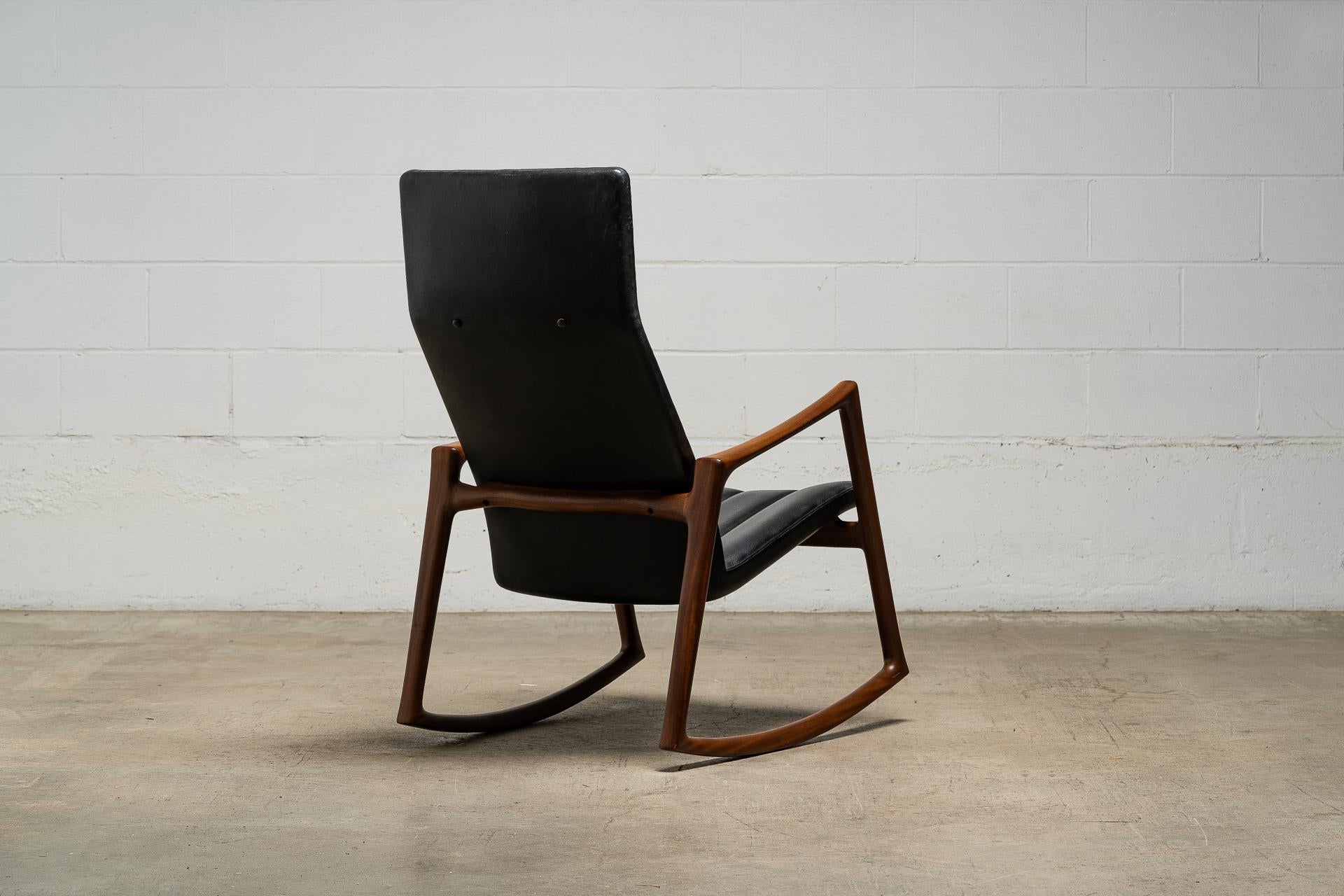 The only example for sale on Earth.

Designed by Helge Vestergaard-Jensen and crafted by master cabinetmaker Søren Horn, this Danish rocking chair is a sculptural icon. The frame is made from solid Cuban mahogany—rich, warm, and now virtually
