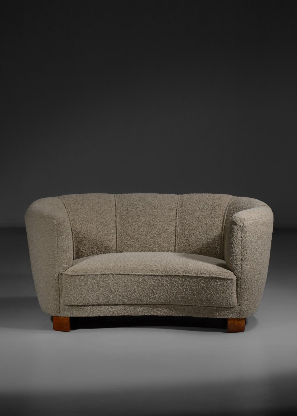 Rare Danish Sofa from the 40's Curved Beige Fabric Scandinavian Armchair 11