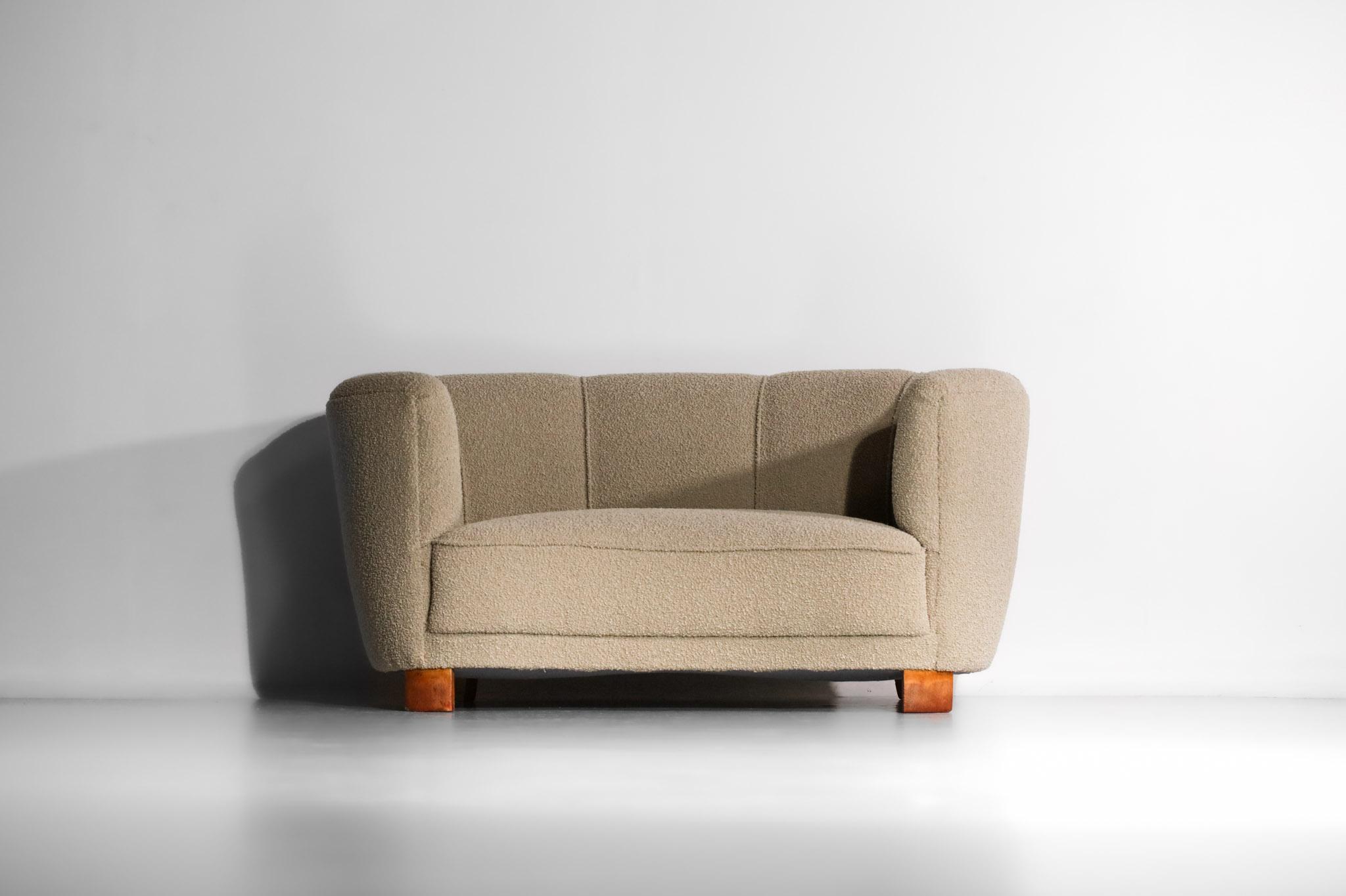 Rare Danish Sofa from the 40's Curved Beige Fabric Scandinavian Armchair 13