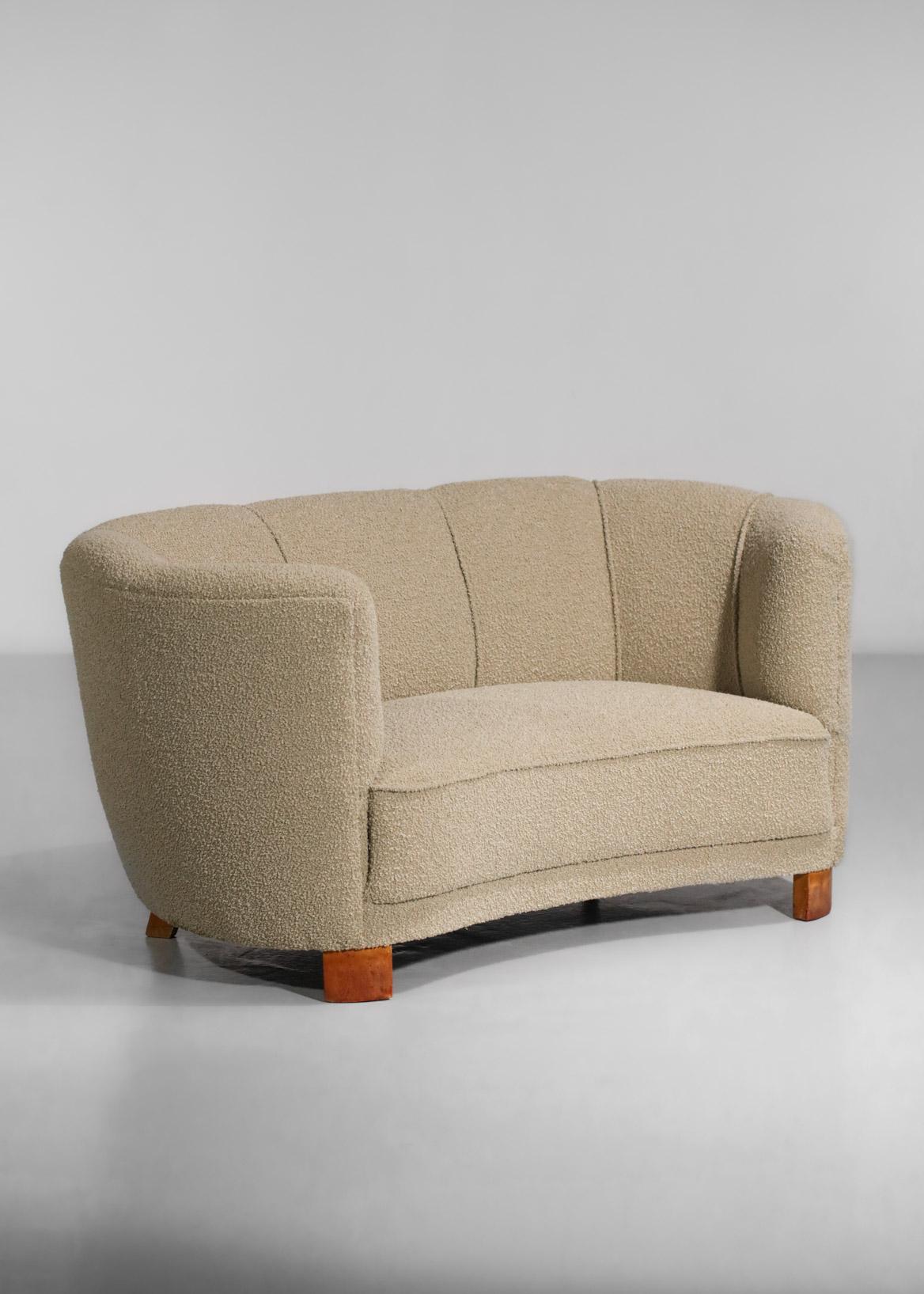 Rare Danish Sofa from the 40's Curved Beige Fabric Scandinavian Armchair 14