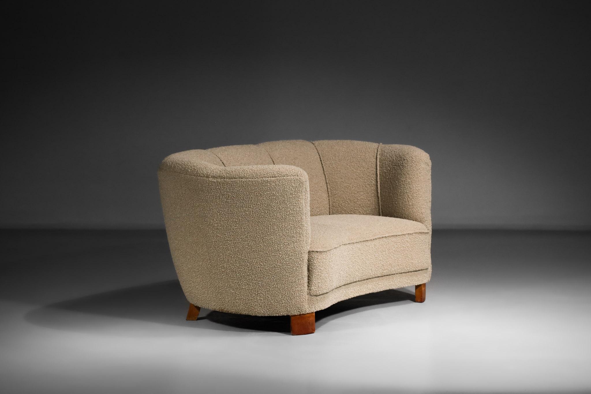 Rare Danish Sofa from the 40's Curved Beige Fabric Scandinavian Armchair 1