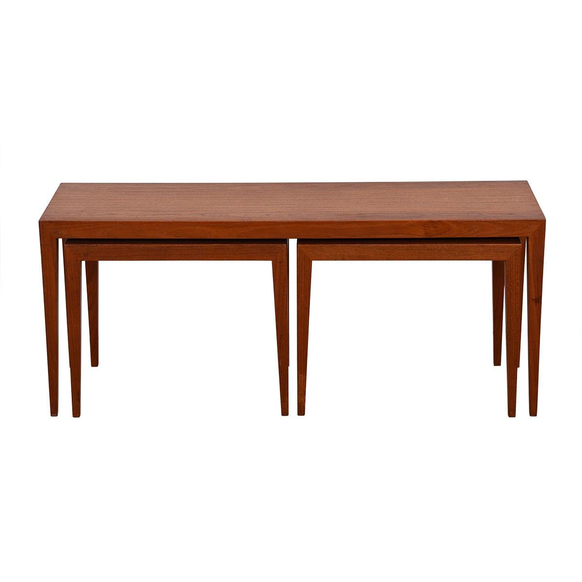 Rare Danish Teak Skinny Accent / Coffee Table with Pair Nesting Tables For Sale 1