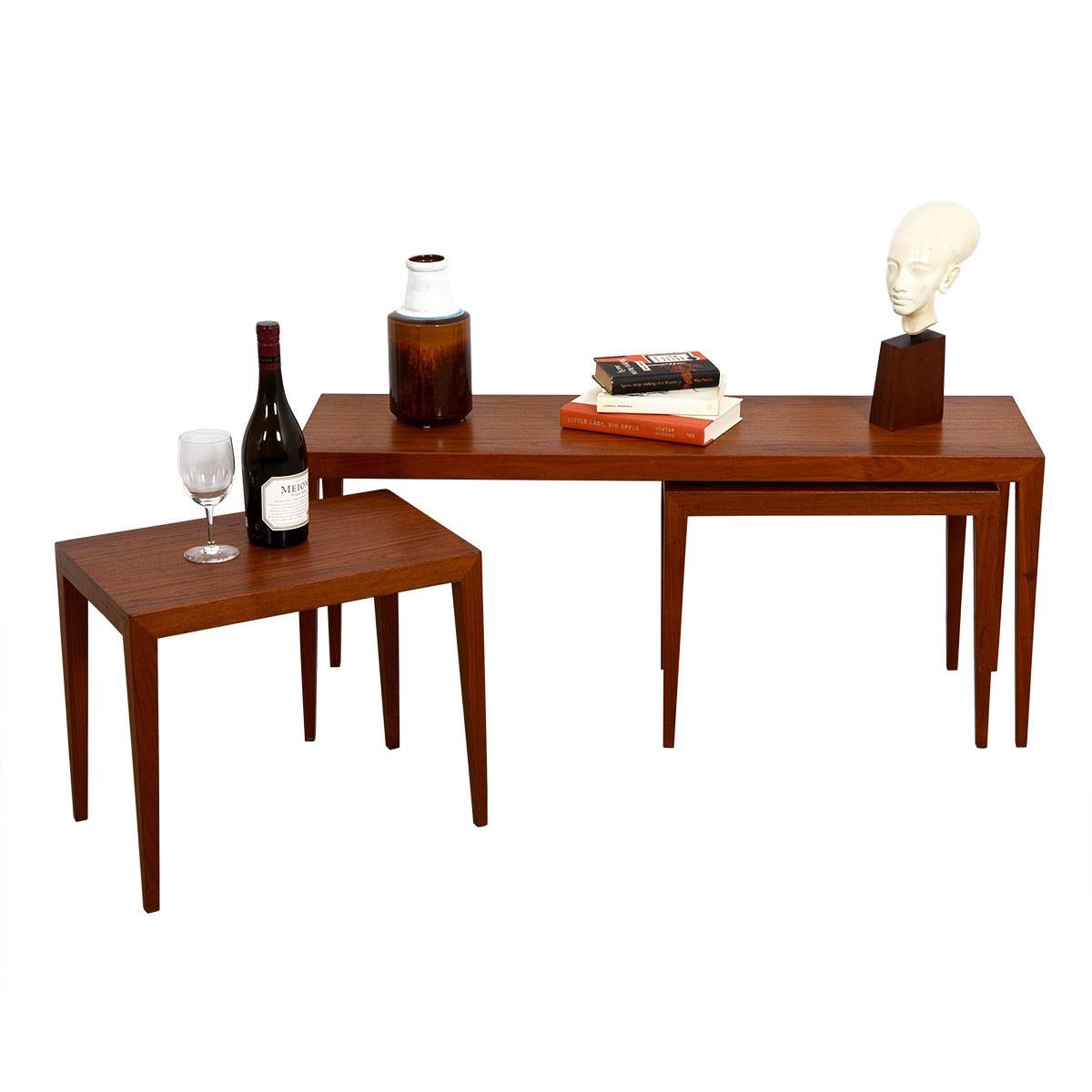 Rare Danish Teak Skinny Accent / Coffee Table with Pair Nesting Tables For Sale 4