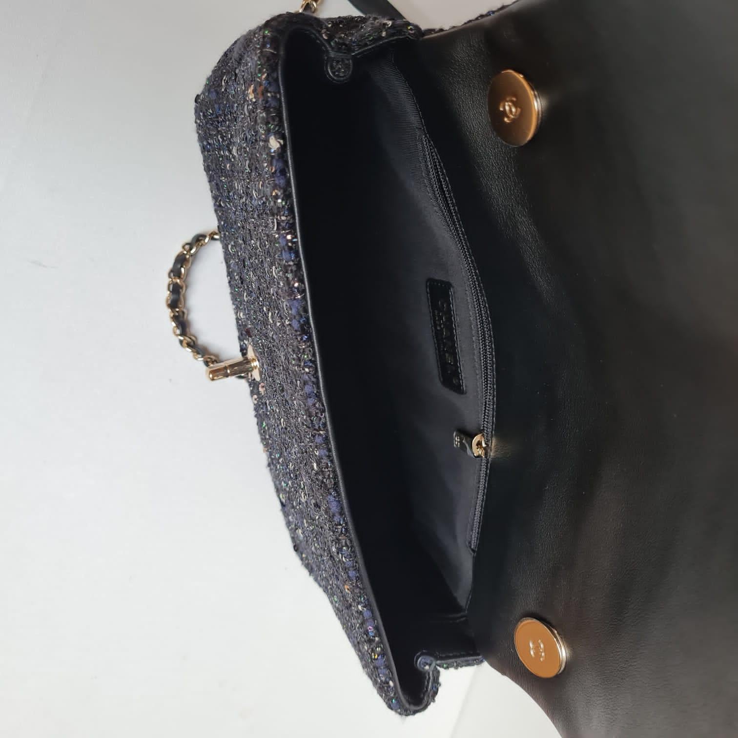 Rare Dark Blue Chanel By The Sea Tweed Pearl Handle Medium Flap Bag 9