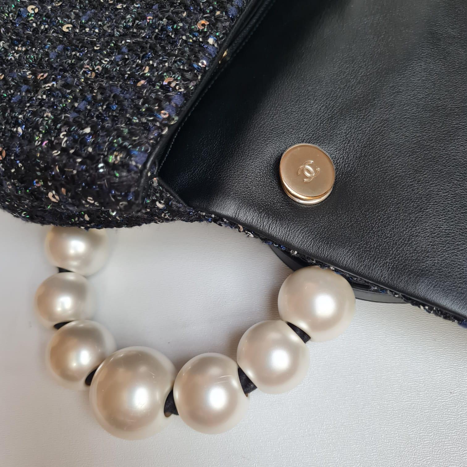 Rare Dark Blue Chanel By The Sea Tweed Pearl Handle Medium Flap Bag 10