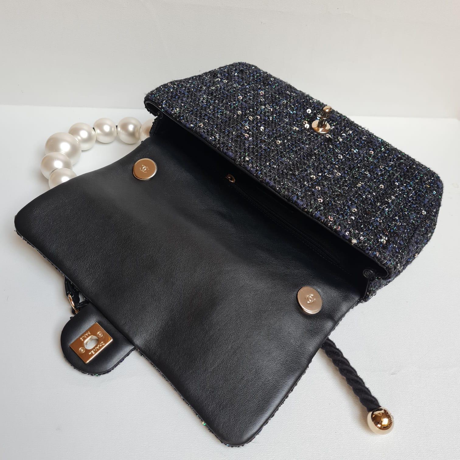 Rare Dark Blue Chanel By The Sea Tweed Pearl Handle Medium Flap Bag 11
