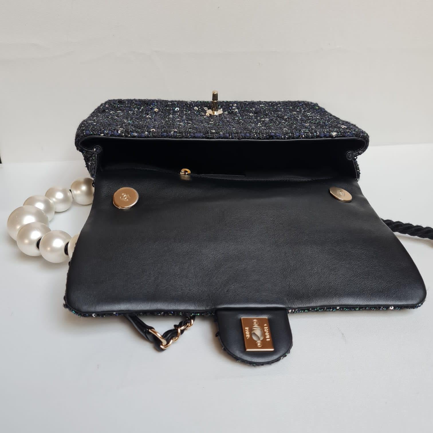 Rare Dark Blue Chanel By The Sea Tweed Pearl Handle Medium Flap Bag 12