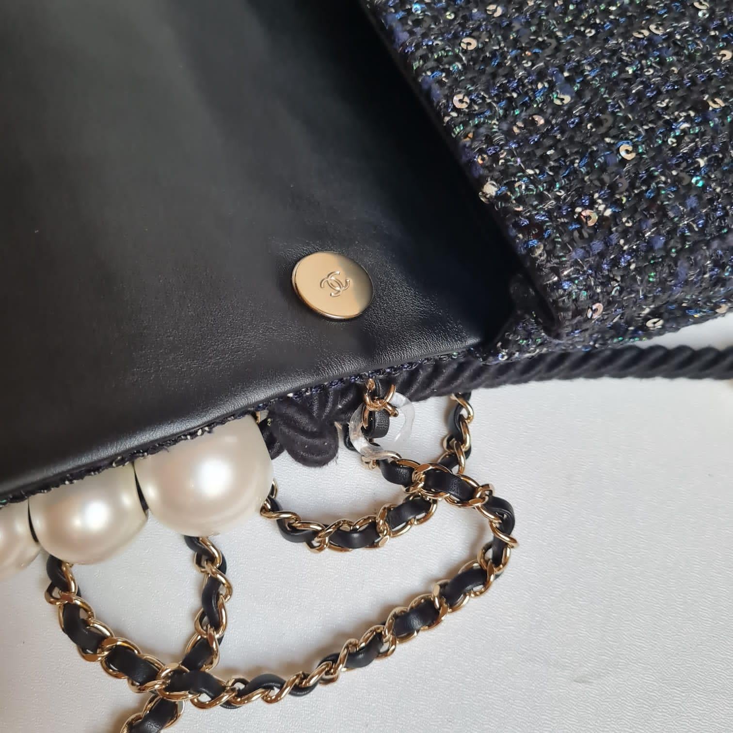 Rare Dark Blue Chanel By The Sea Tweed Pearl Handle Medium Flap Bag 15