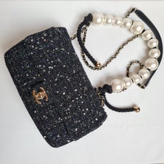 Rare Dark Blue Chanel By The Sea Tweed Pearl Handle Medium Flap Bag