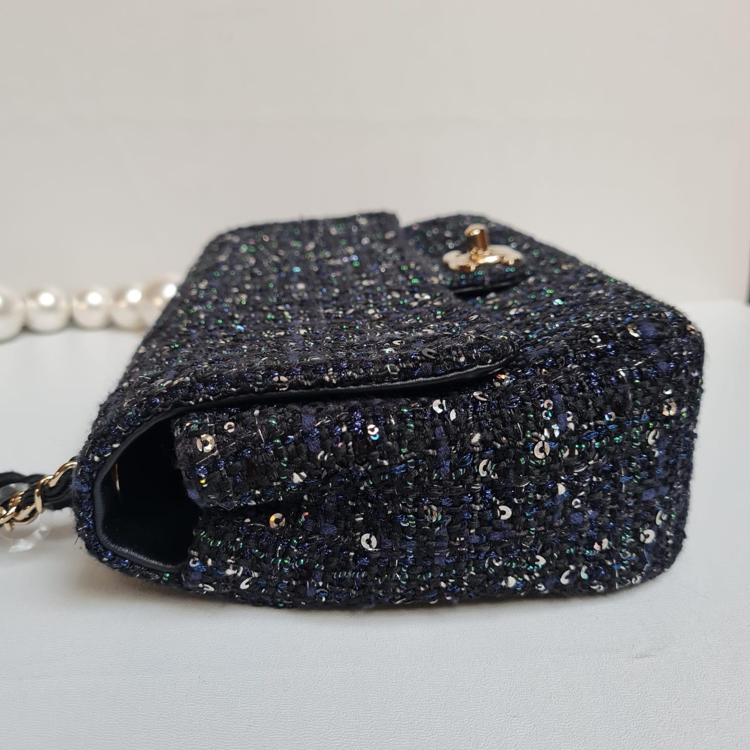 Rare Dark Blue Chanel By The Sea Tweed Pearl Handle Medium Flap Bag 1