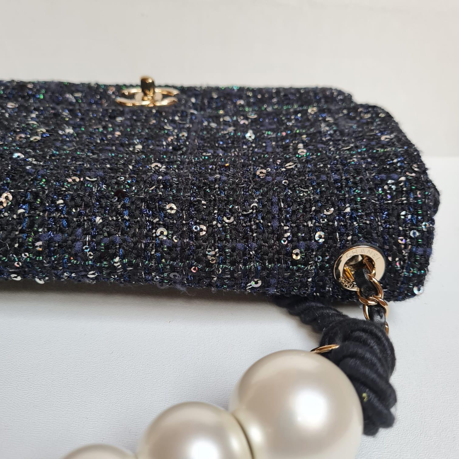Rare Dark Blue Chanel By The Sea Tweed Pearl Handle Medium Flap Bag 2