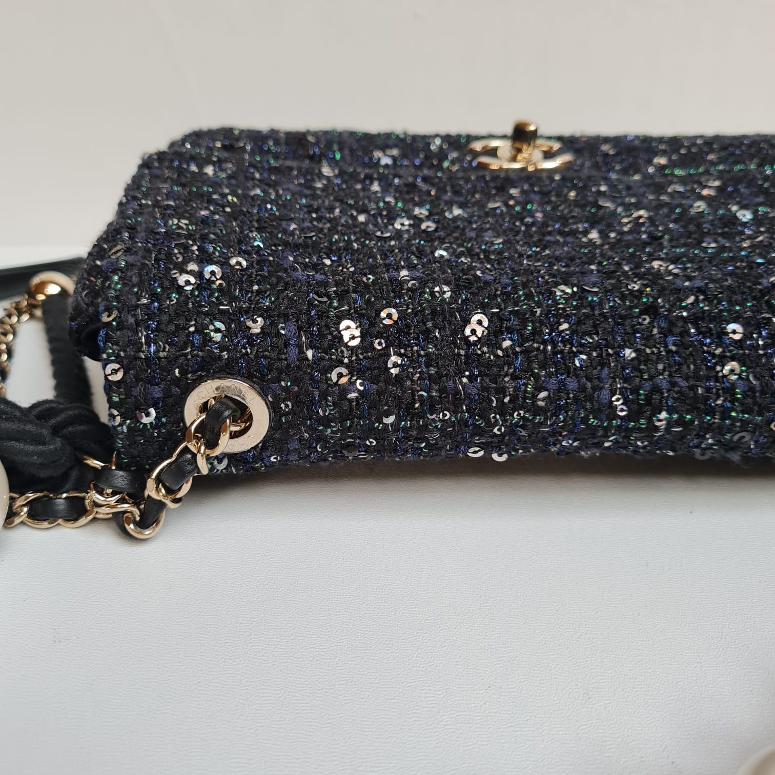 Rare Dark Blue Chanel By The Sea Tweed Pearl Handle Medium Flap Bag 3