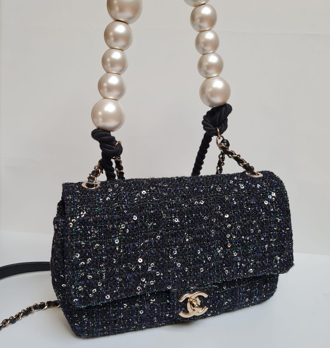 Rare Dark Blue Chanel By The Sea Tweed Pearl Handle Medium Flap Bag 4