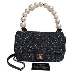 Rare Dark Blue Chanel By The Sea Tweed Pearl Handle Medium Flap Bag