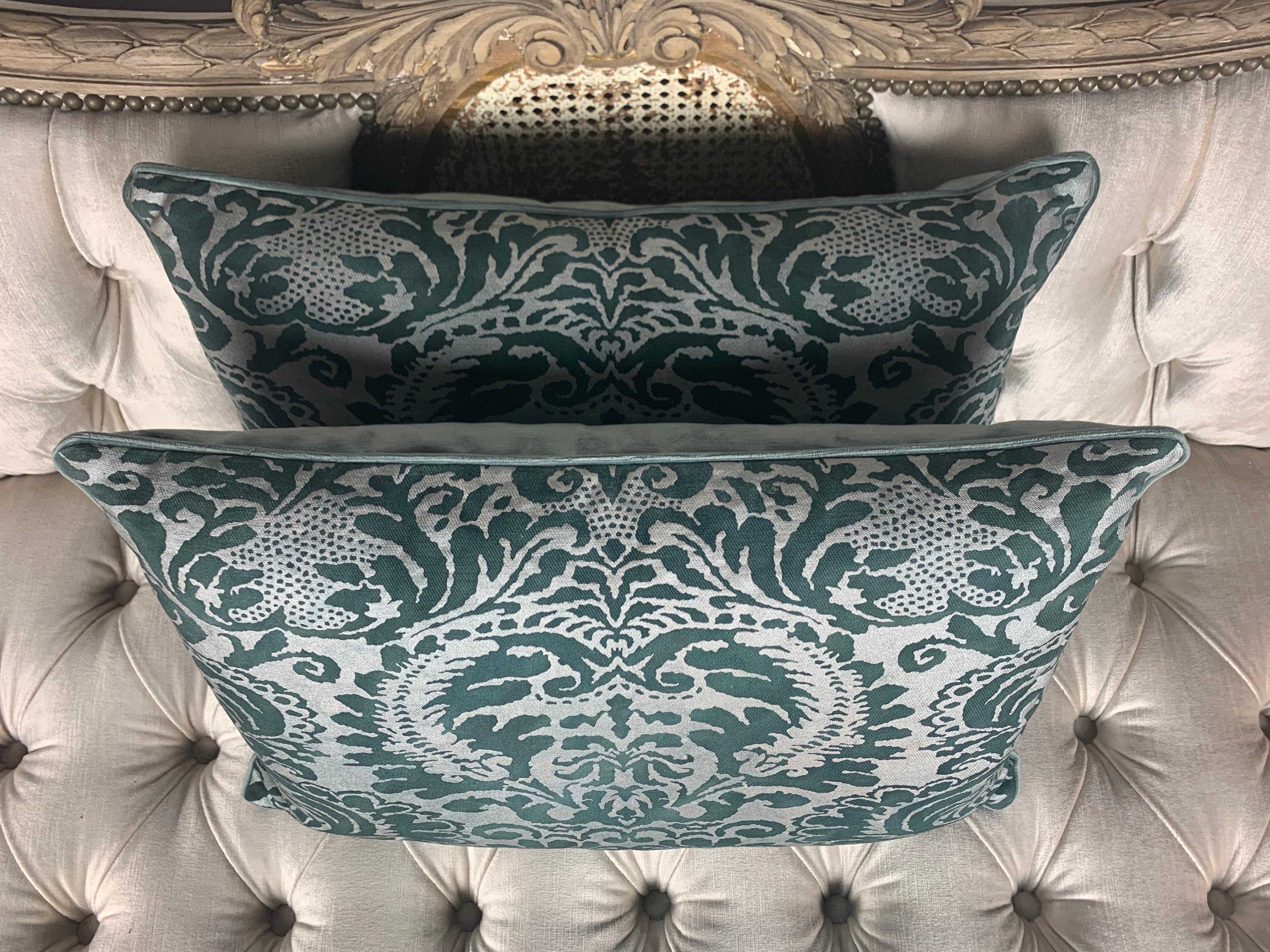 Rare Dark Greenish Black and Silver Fortuny Style Pillows In Excellent Condition In Los Angeles, CA