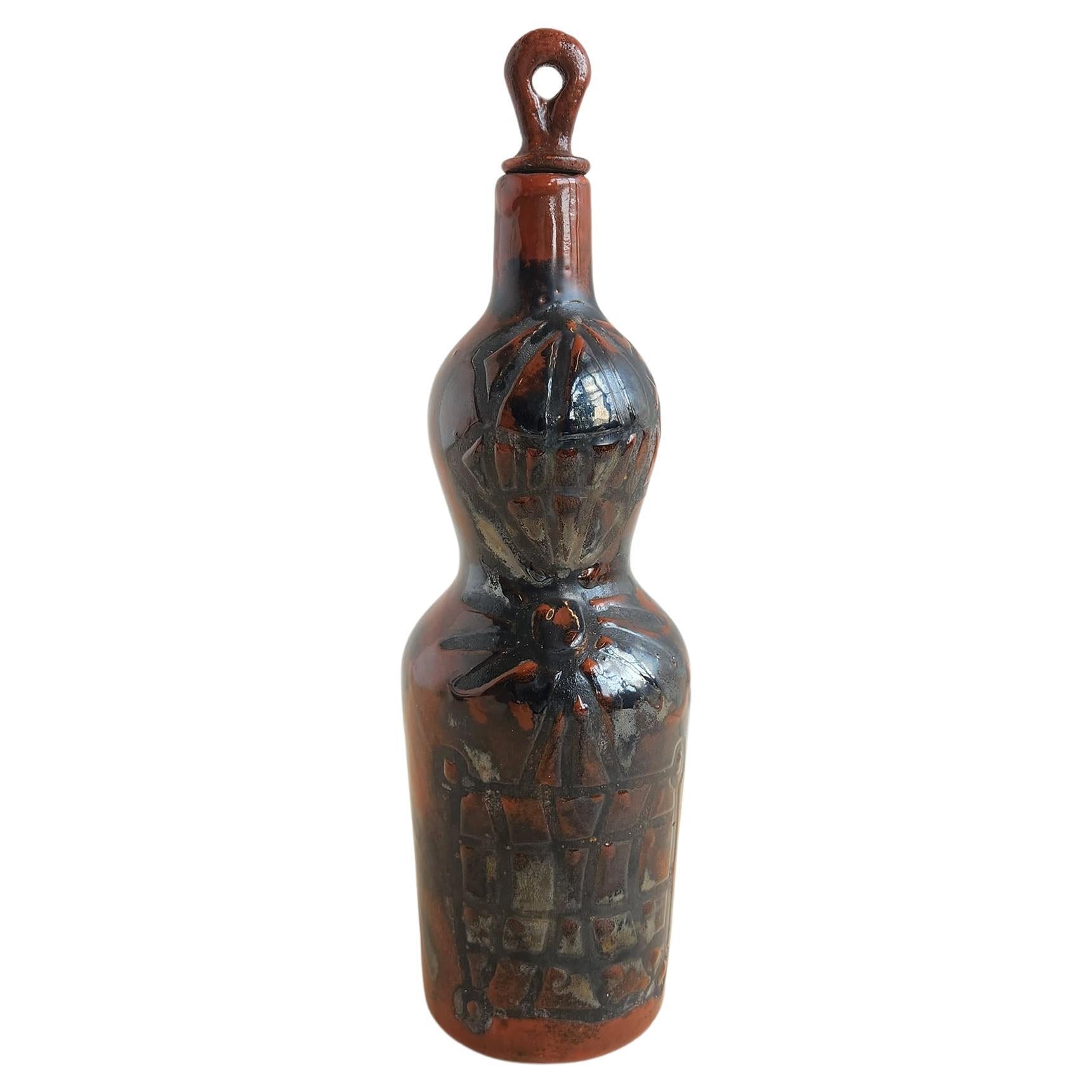 Roger Capron - Rara Botella de Cerámica Vintage Rojo Oscuro