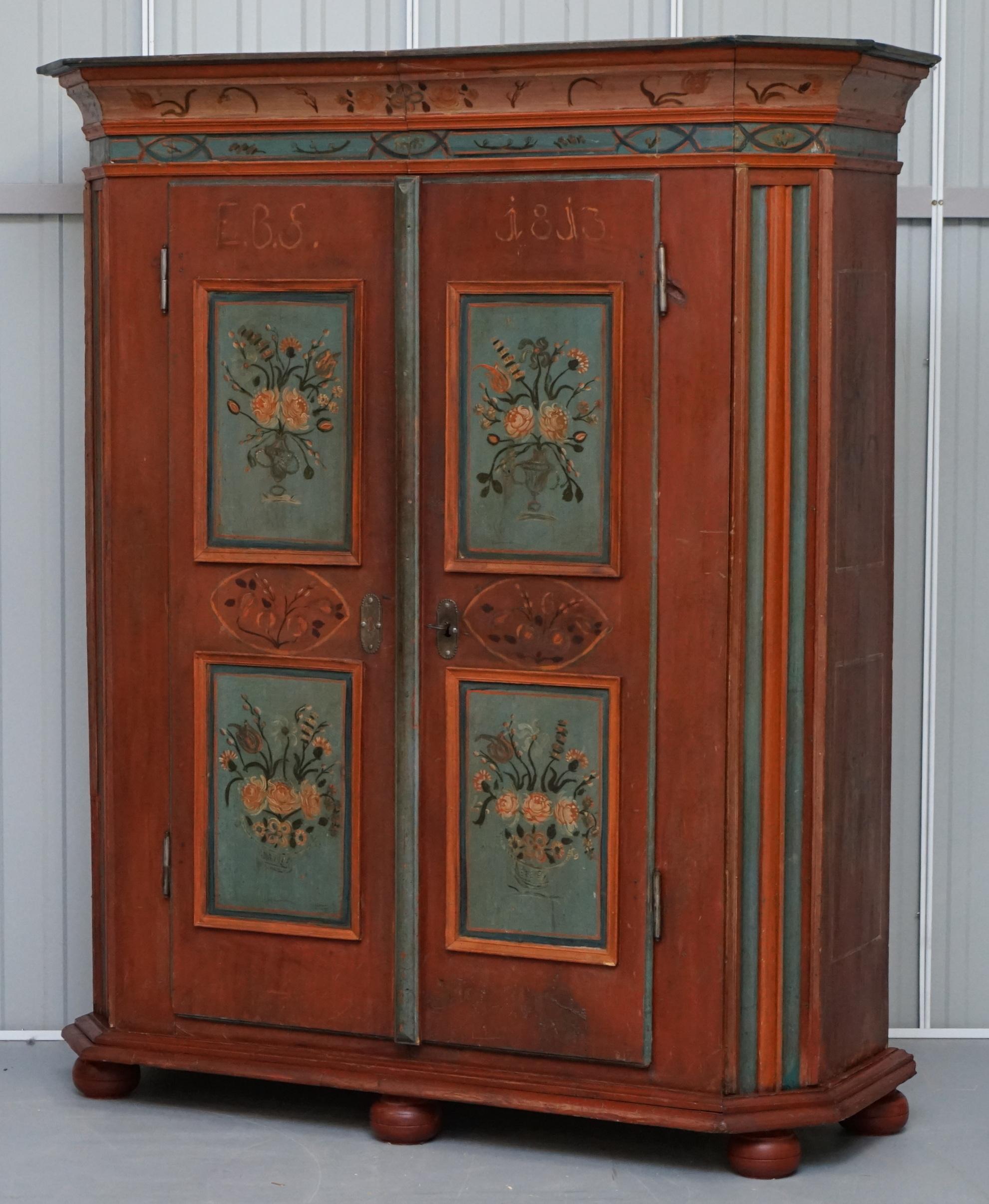 George III Rare Dated 1813 Hand Painted Pine Austrian Wardrobe or Bauernschrank Cupboard