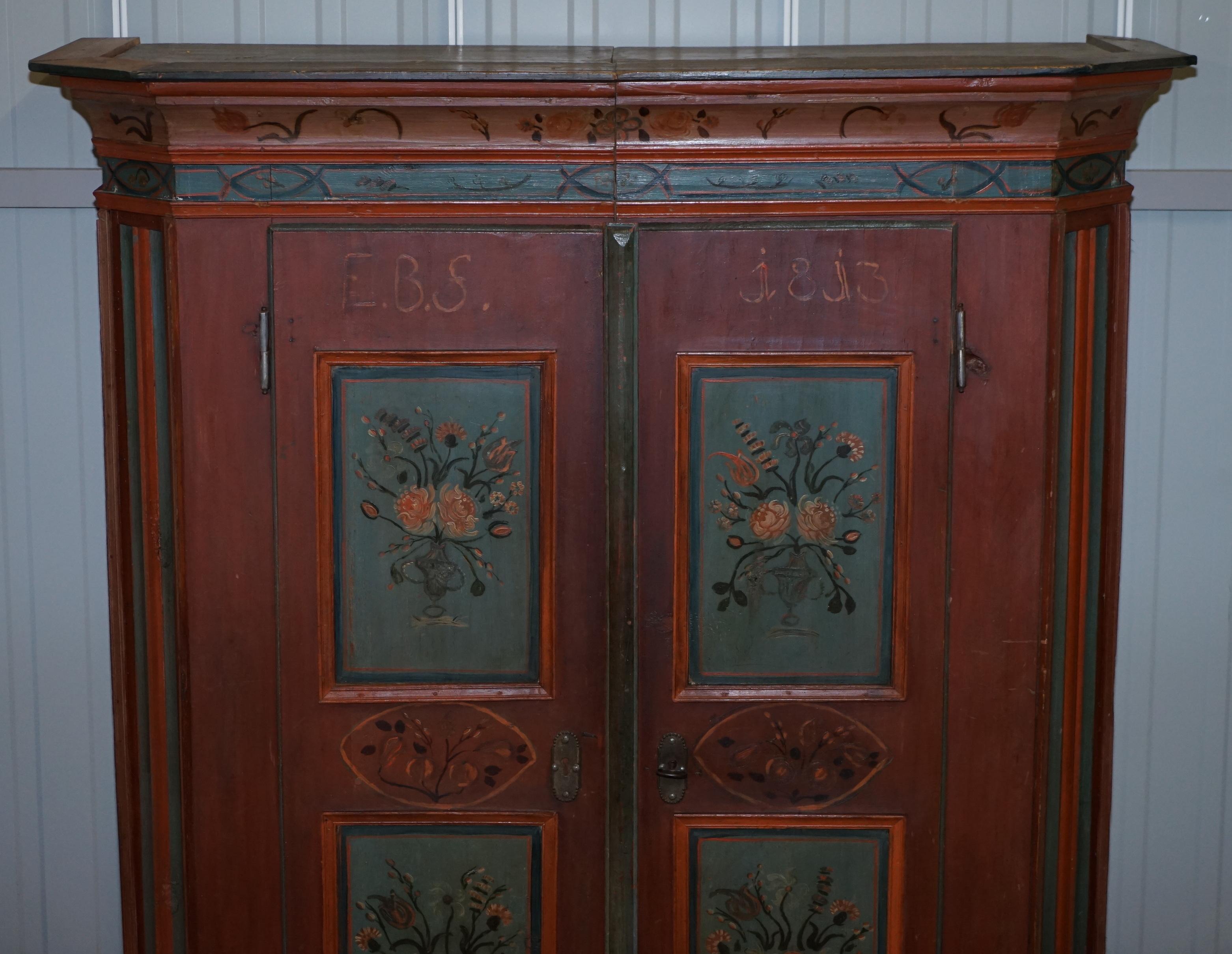 Early 19th Century Rare Dated 1813 Hand Painted Pine Austrian Wardrobe or Bauernschrank Cupboard