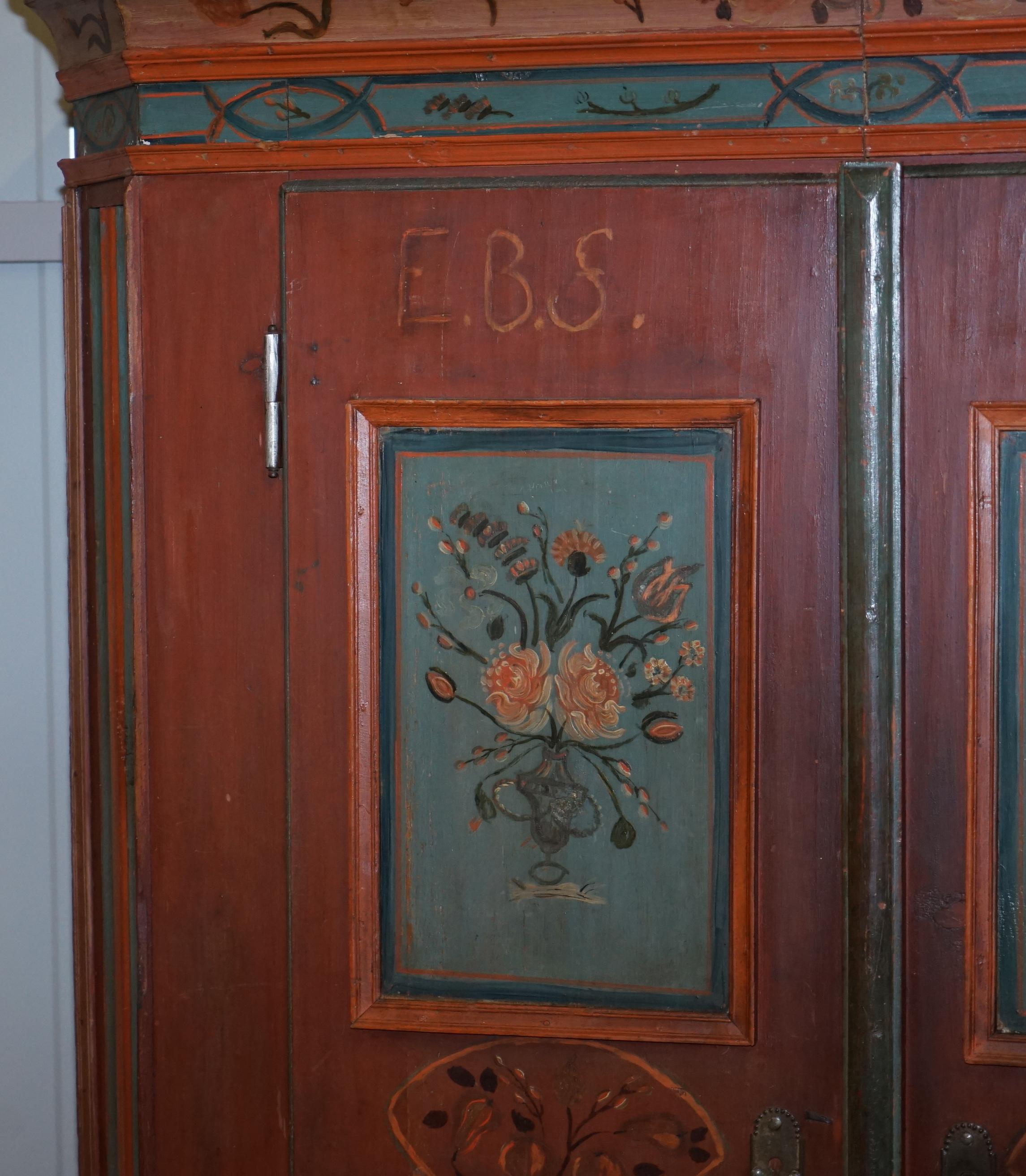 Rare Dated 1813 Hand Painted Pine Austrian Wardrobe or Bauernschrank Cupboard 1