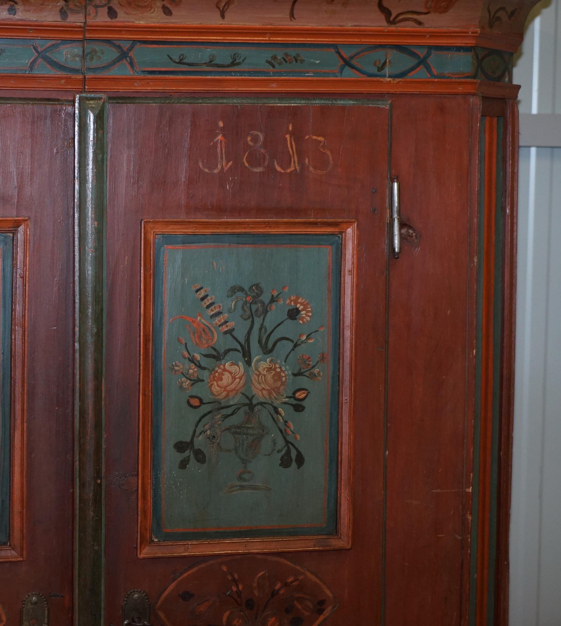 Rare Dated 1813 Hand Painted Pine Austrian Wardrobe or Bauernschrank Cupboard 2