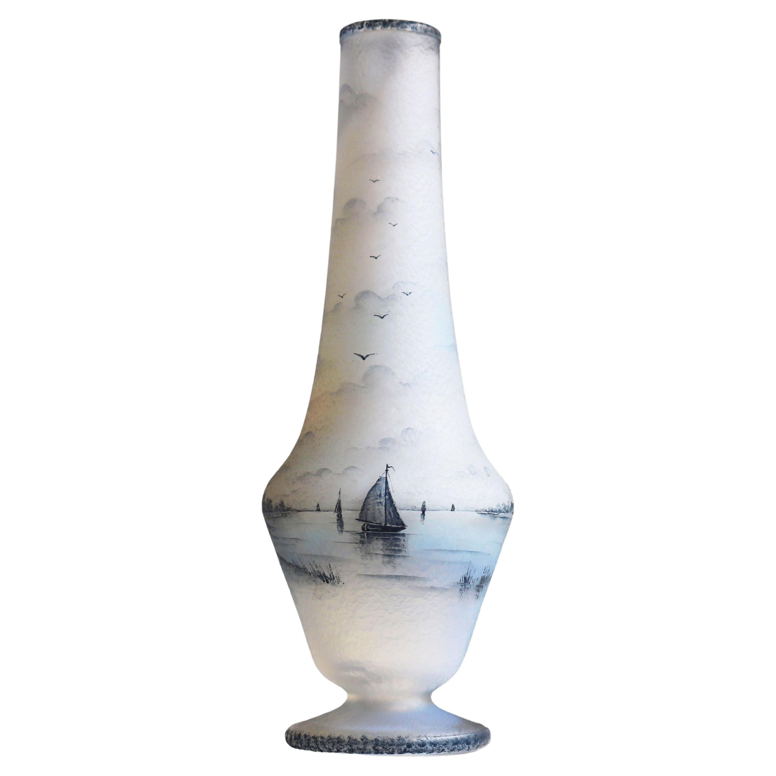 Raro vaso Daum Nancy "Scena olandese" 1896 Francia smaltato opalescente acidato in vendita