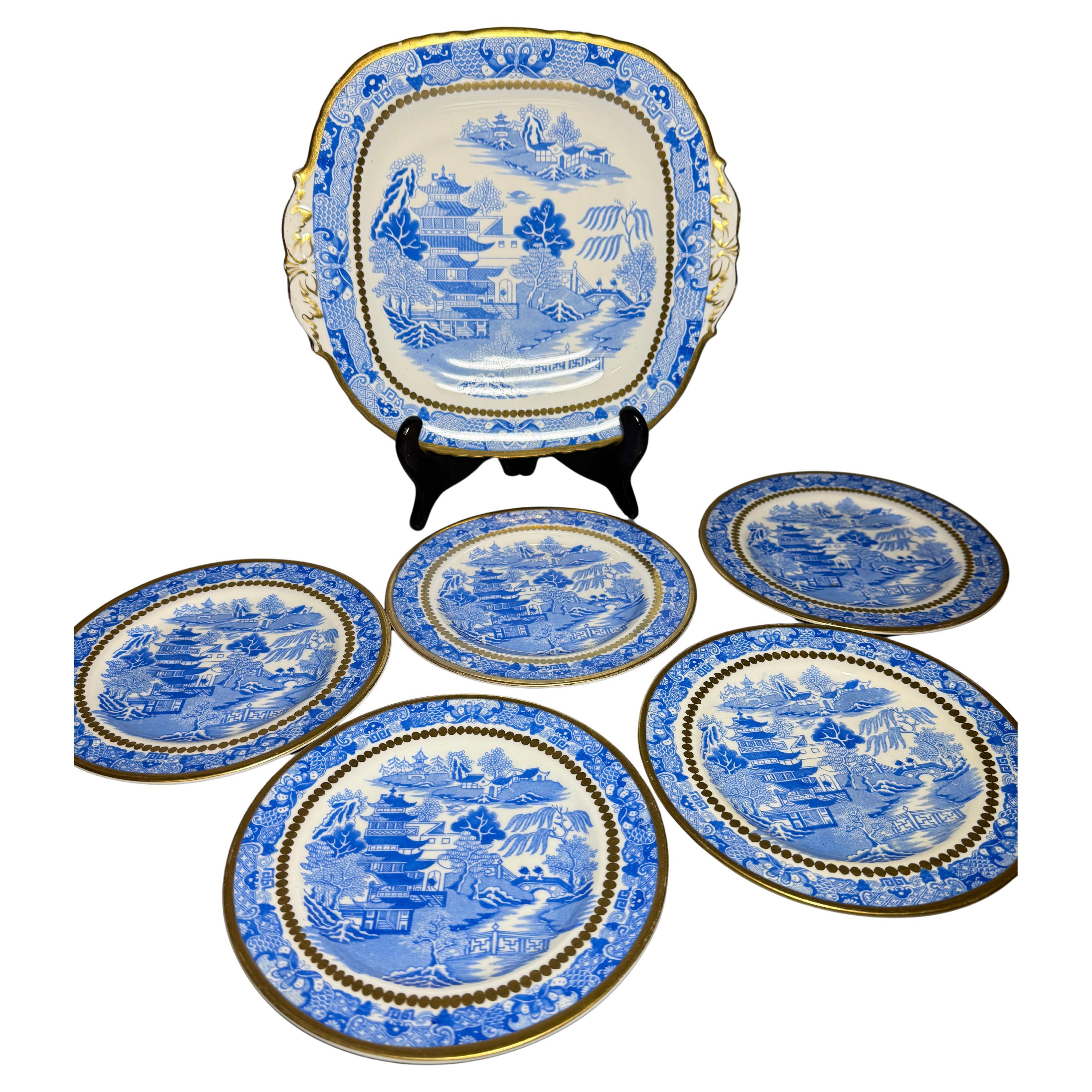 Canton Style White Blue Porcelain Davenport England Willow Six pieces 1820-1886 For Sale