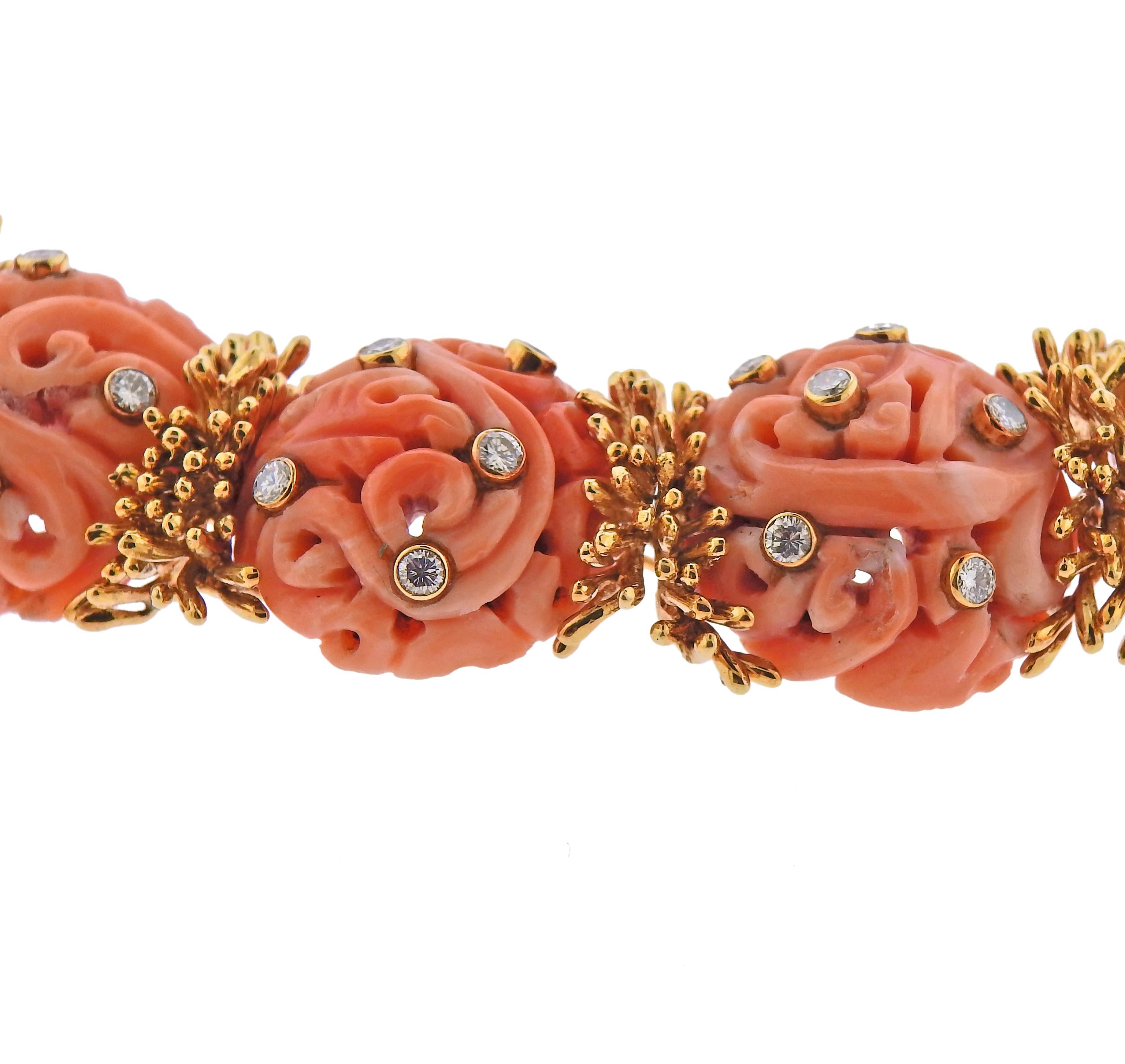 Round Cut Rare David Webb 1960s Diamond Carved Coral Gold Earrings Necklace Set For Sale