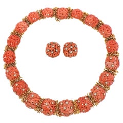 Rare David Webb 1960s Diamond Carved Coral Gold Earrings Necklace Set