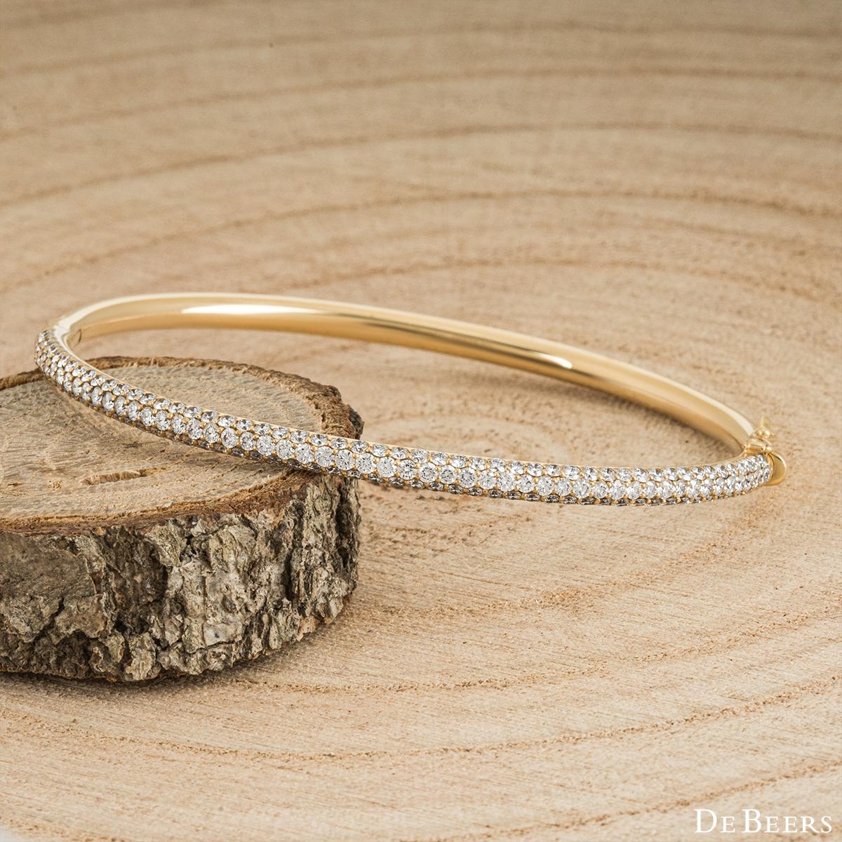 Rare De Beers Rare Yellow Gold Classic Diamond Three Row Bangle For Sale 1