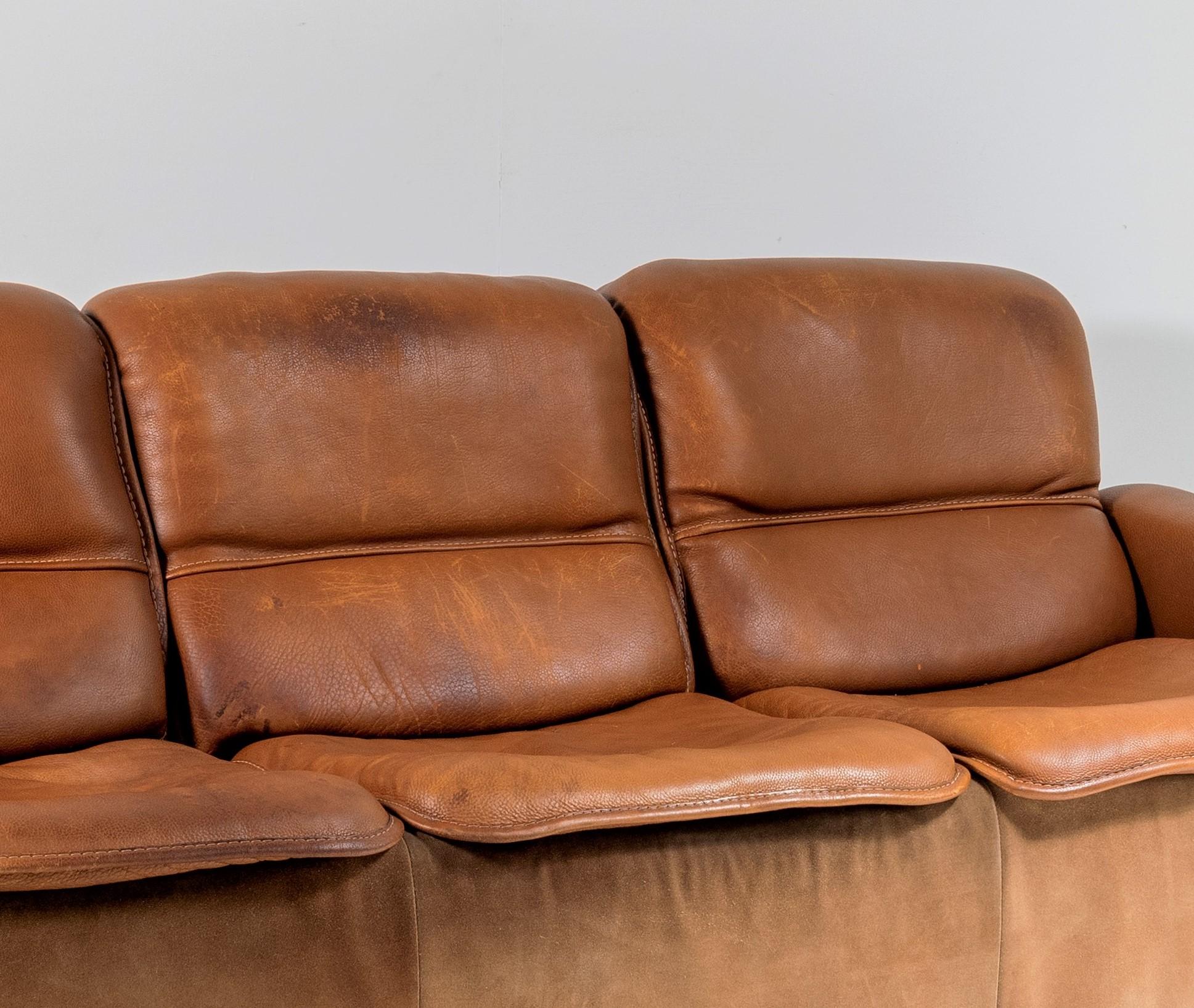 Mid-Century Modern Rare De Sede DS12 Model 1970s Brown Tan Leather and Suede 3 Seater Sofa