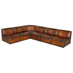 Retro Rare De Sede DS15 Corner Modular Sofa Armchairs Original Paperwork Brown Leather