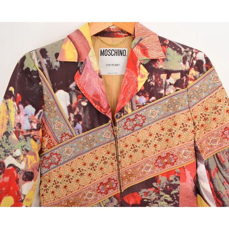 Superb Vintage 1990's Moschino zip down blazer, in a photographic textured patterned material depicting images of Sri-Lankan tea pickers, with embroidered border detail paying homage to beautiful saree details. 

MADE IN ITALY !

Features:
Central
