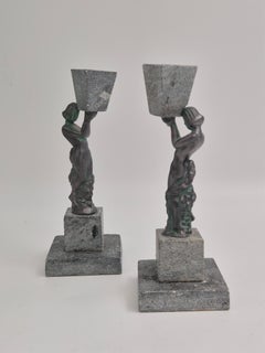 Seltene dekorative Kerzenhalter aus Bronze und Speckstein, Finnland, Art Deco