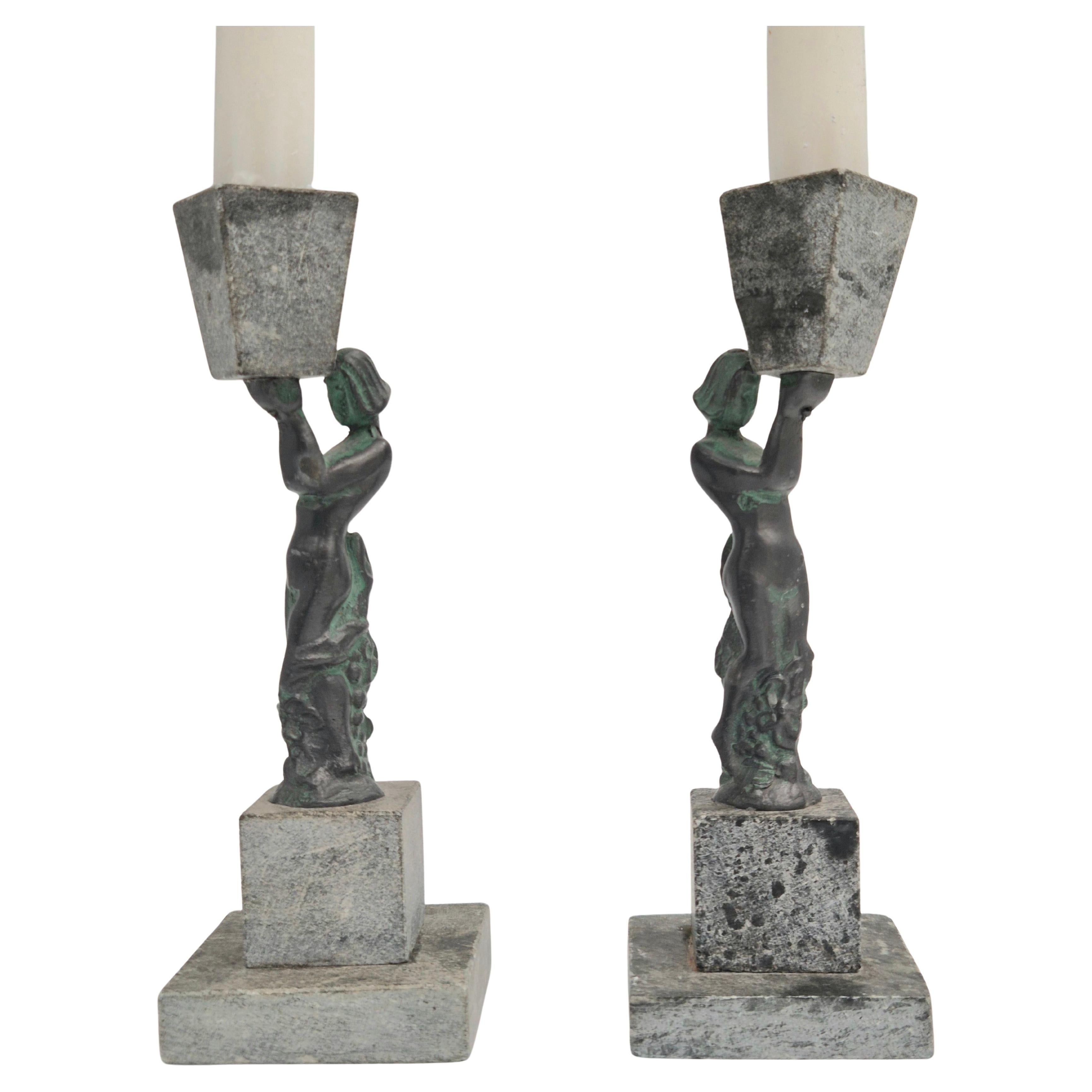 Rare decorative candle holders in bronze and soapstone, Finland, Art Deco For Sale