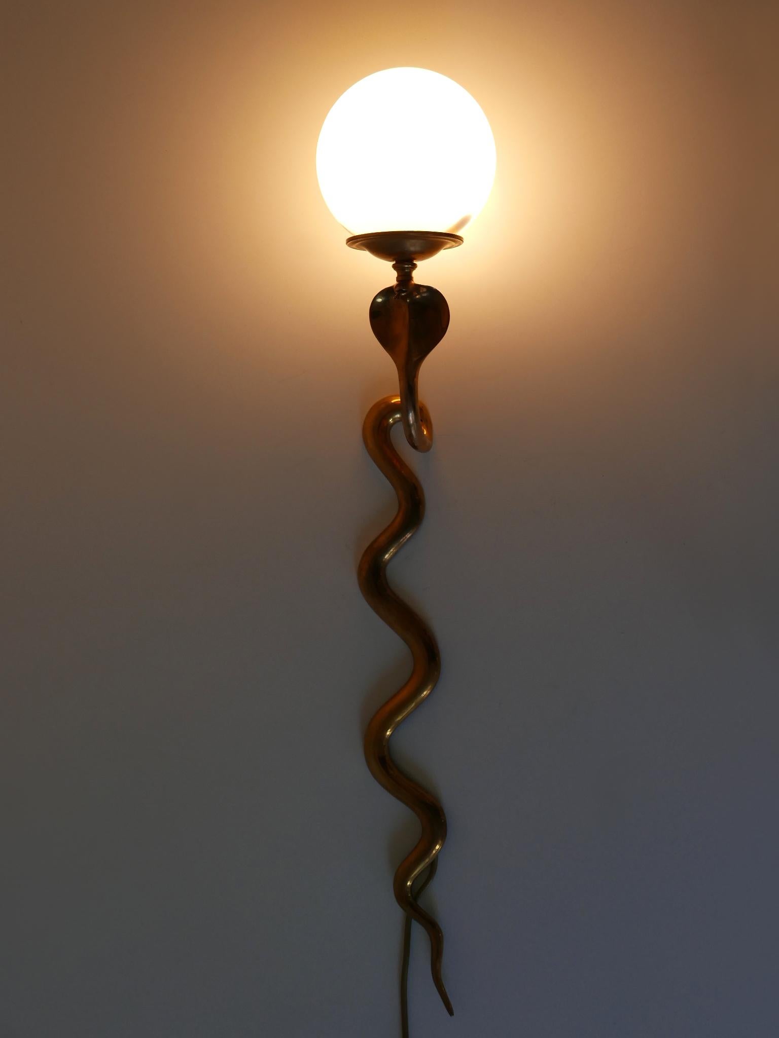 Opaline Glass Rare & Decorative Cast Brass Cobra Sconce or Wall Lamp, possibly Maison Jansen For Sale