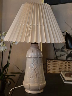 Rare decorative Swedish Grace table lamp, white glazed ceramic by Maggie Wibom.