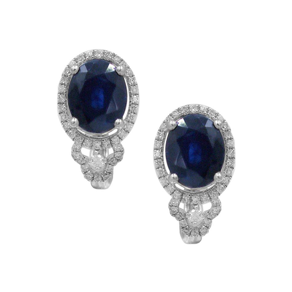 Rare Deep Blue Sapphire Diamond Oval White Gold Earrings