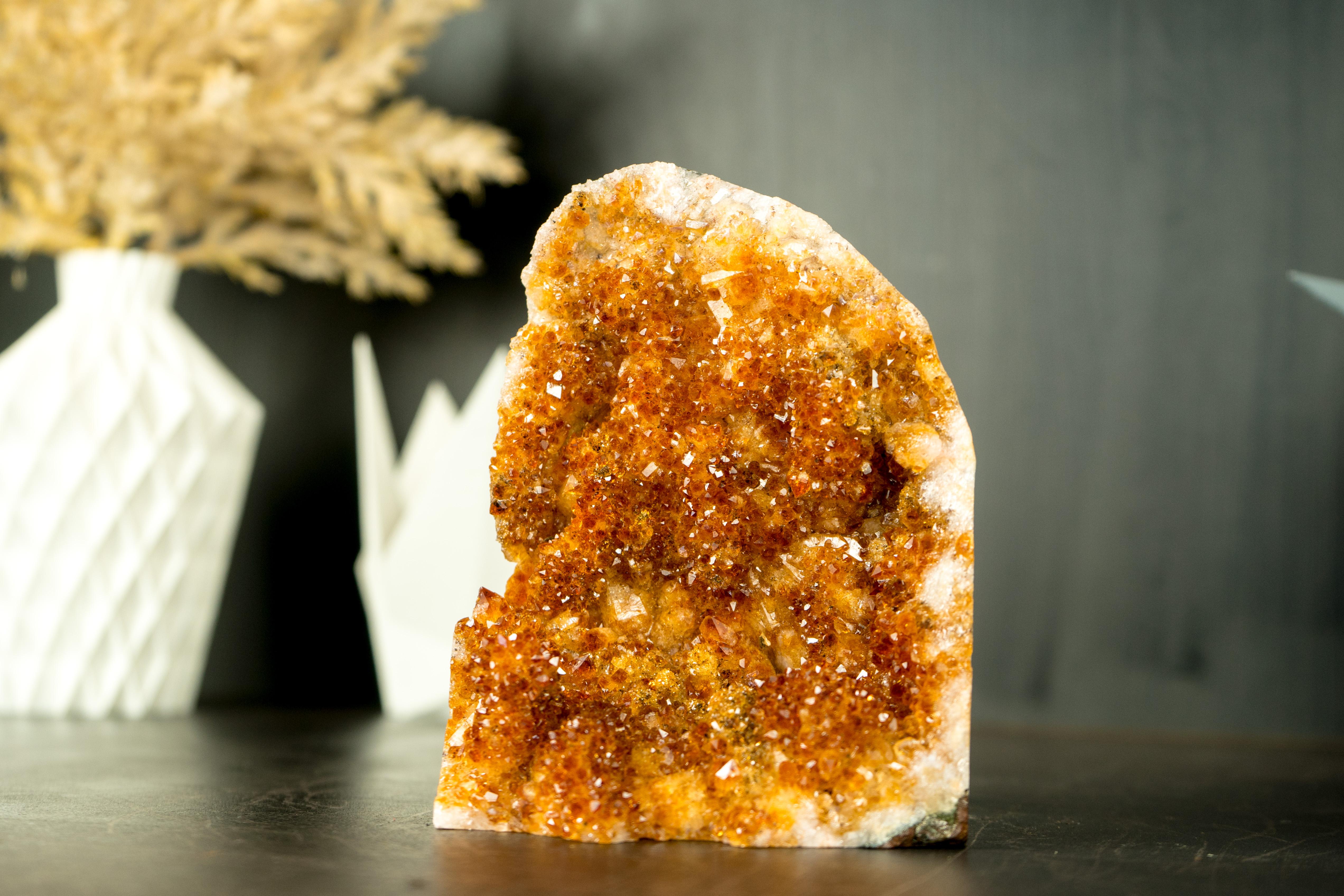 Citrine Cluster with Citrine Flower Stalactites, Galaxy Druzy and Deep Orange Madeira Citrine Druzy

▫️ Description

Small in size yet a magnificent Citrine specimen, this cluster presents a beautiful formation, rarity, and Citrine Flower
