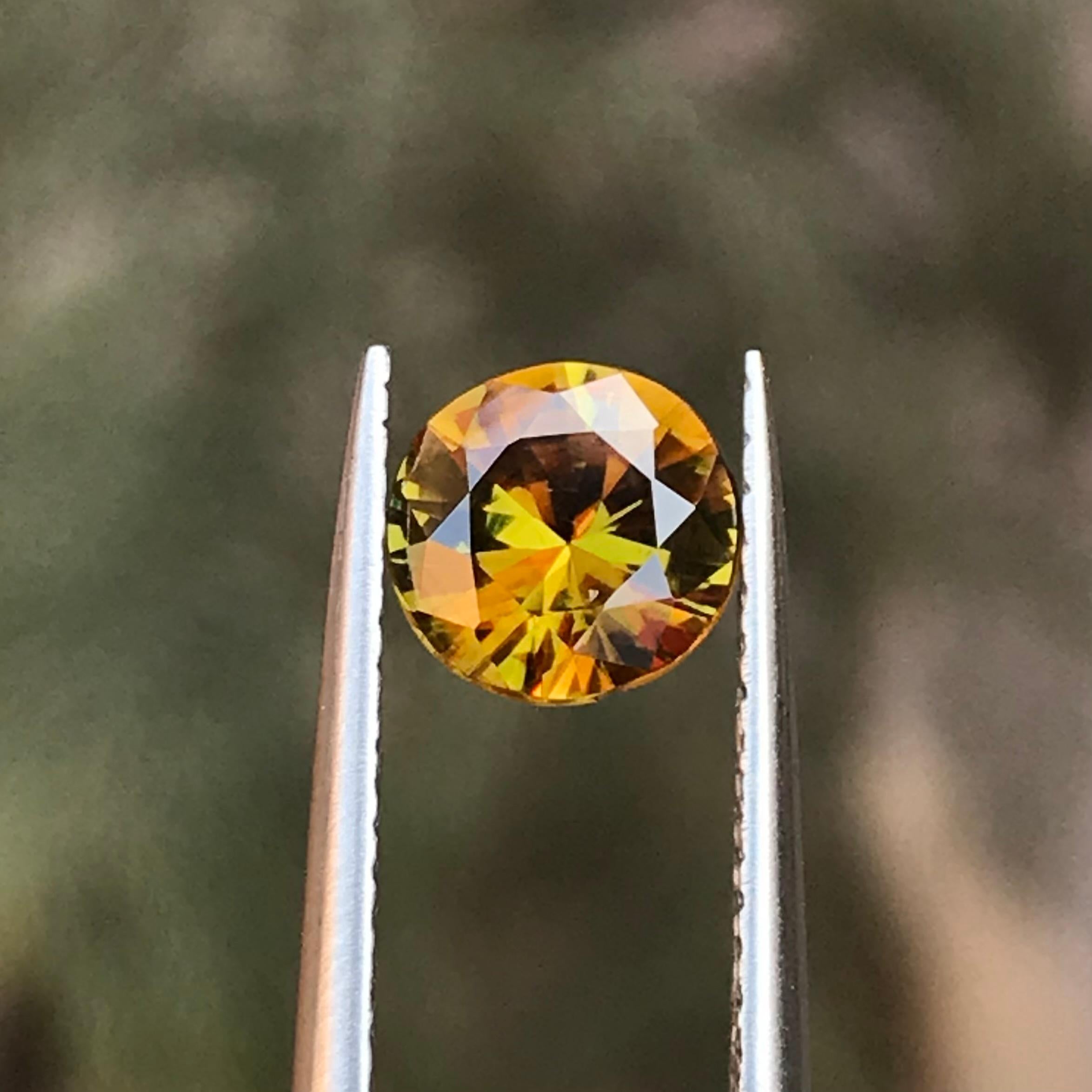 GEMSTONE TYPE: Sphene
PIECE(S): 1
WEIGHT: 0.75 Carats
SHAPE: Round Brilliant 
SIZE (MM): 6 x 6 x 3
COLOR: Deep Yellow
CLARITY: Approx Eye Clean
TREATMENT: None
ORIGIN: Africa
CERTIFICATE: On demand

This yellow 1.05 carat round brilliant cut natural