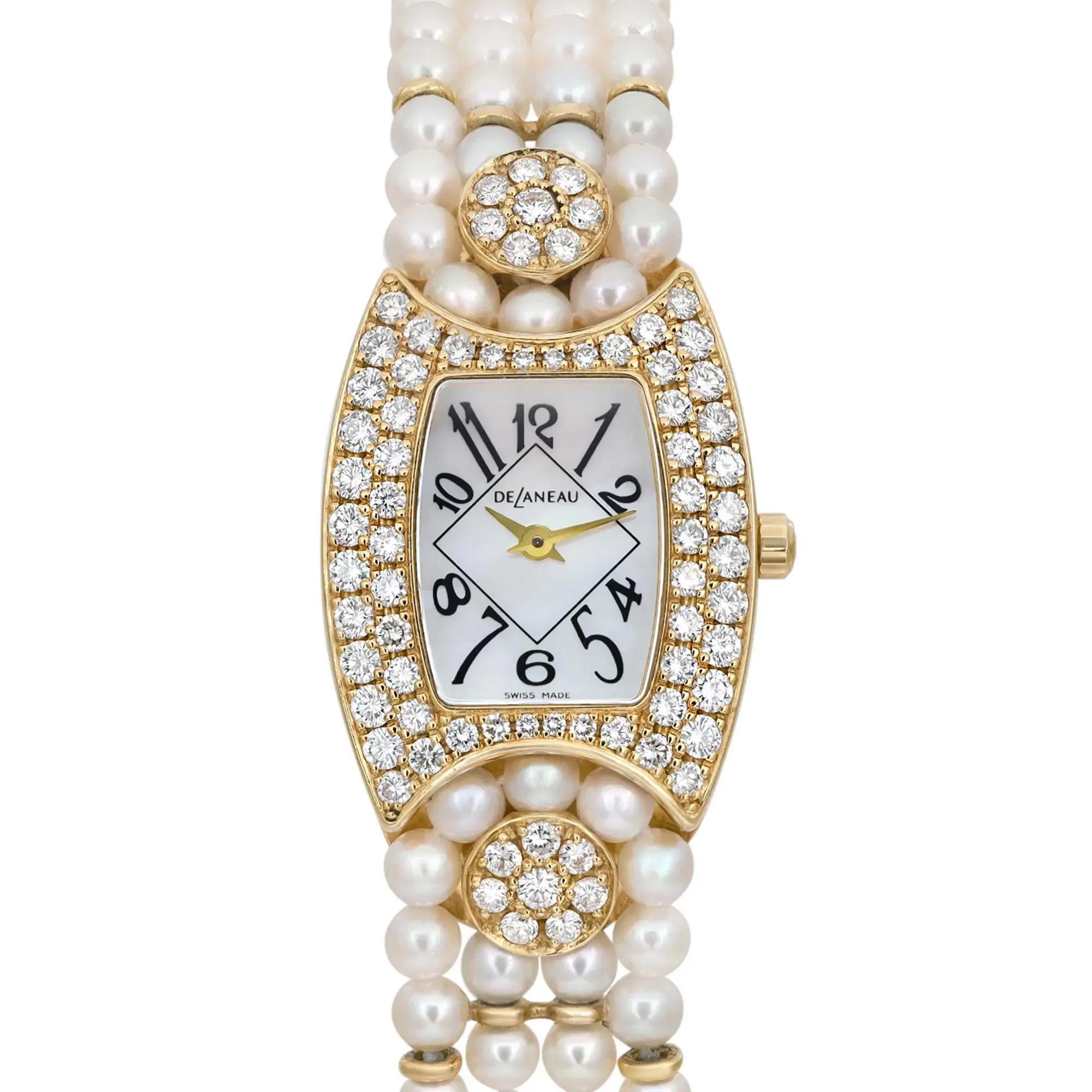 Pre-owned and in good condition. It's a very unique watch. 

This watch is a sophisticated luxury timepiece characterized by its diamond accents, mother of pearl dial, and yellow gold casing, suitable for women looking for a classic and elegant