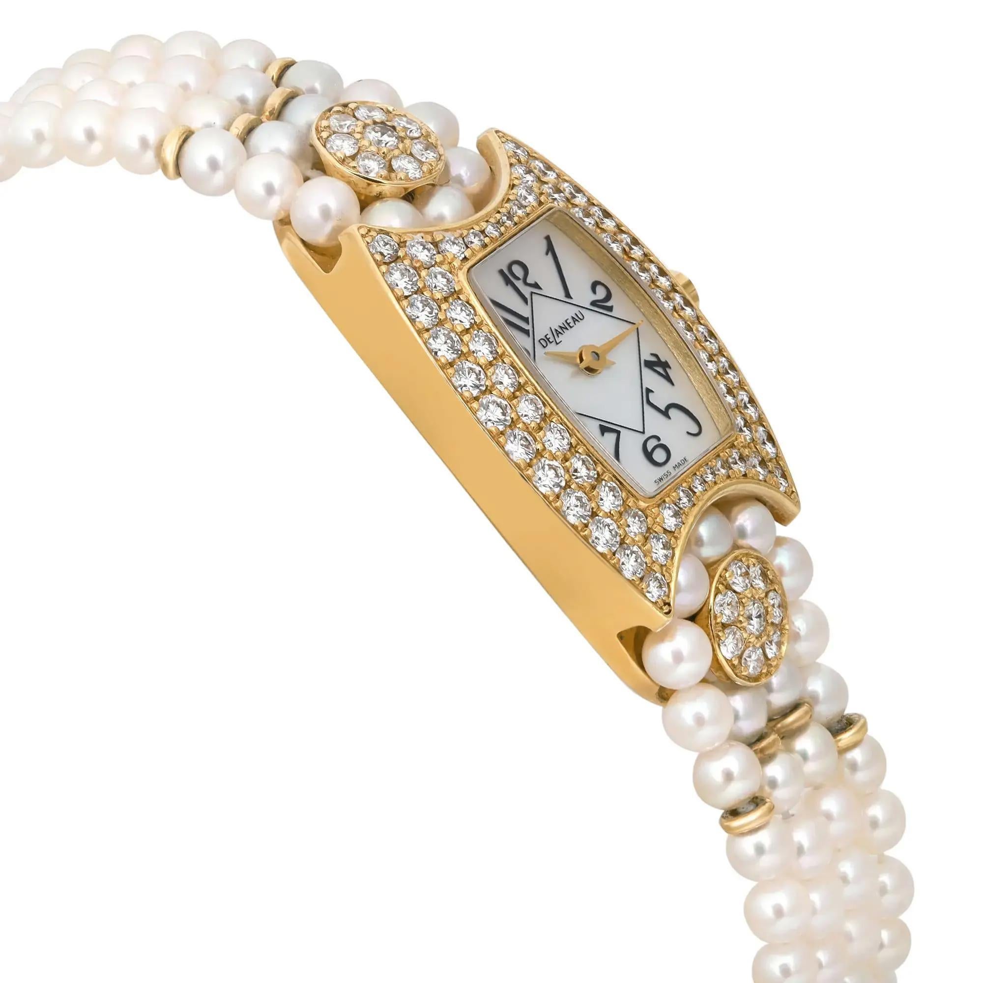 Rare DeLaneau First Lady 18k Gold MOP Dial Pearl Diamond Ladies Watch LFLY6 In Good Condition In New York, NY
